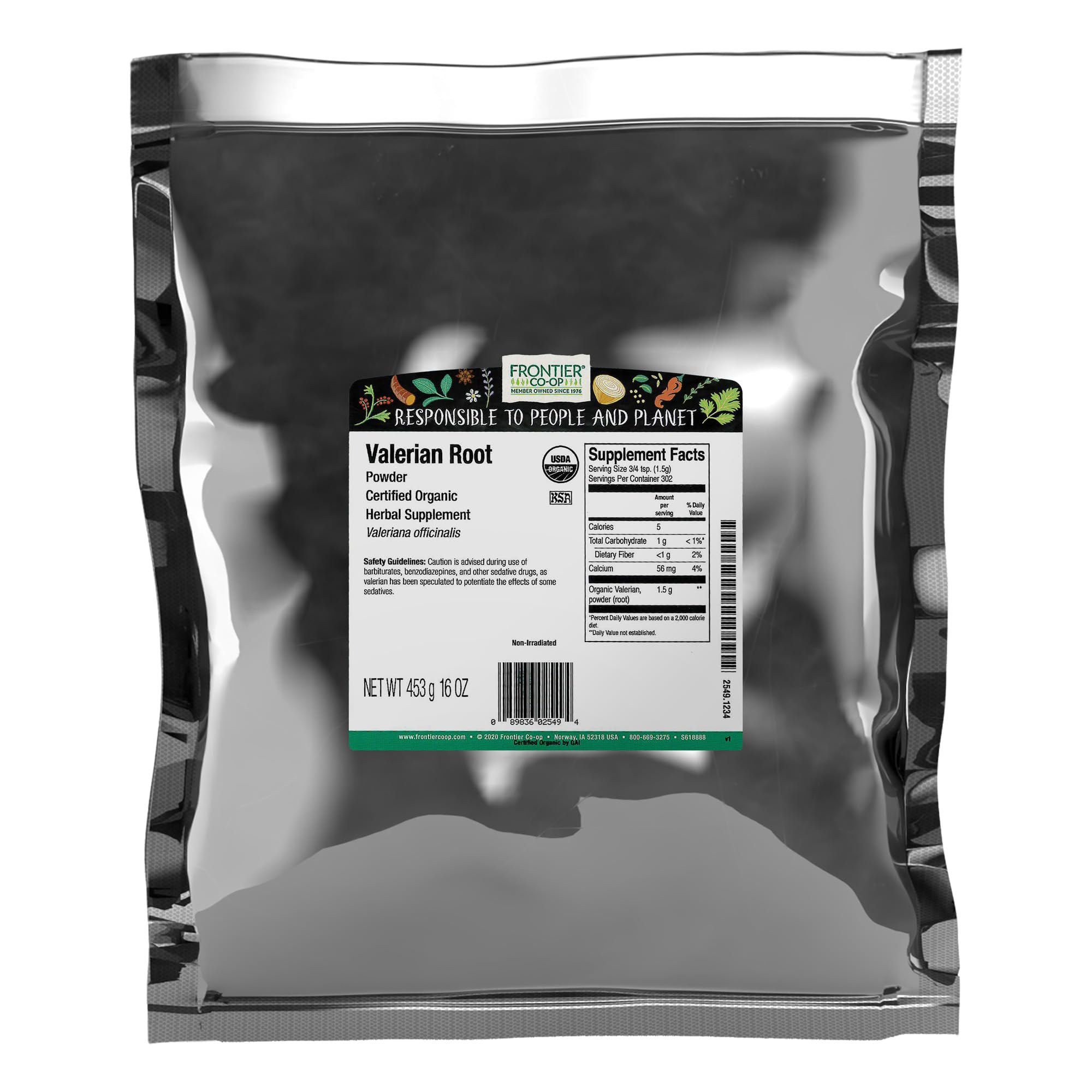Frontier Co-op polvo de valeriana en bolsa de una libra, ideal para tés calmantes.