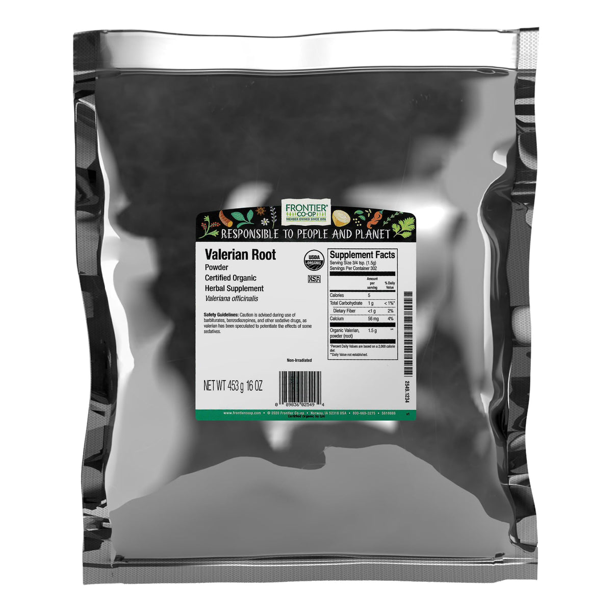 Frontier Co-op polvo de valeriana en bolsa de una libra, ideal para tés calmantes.