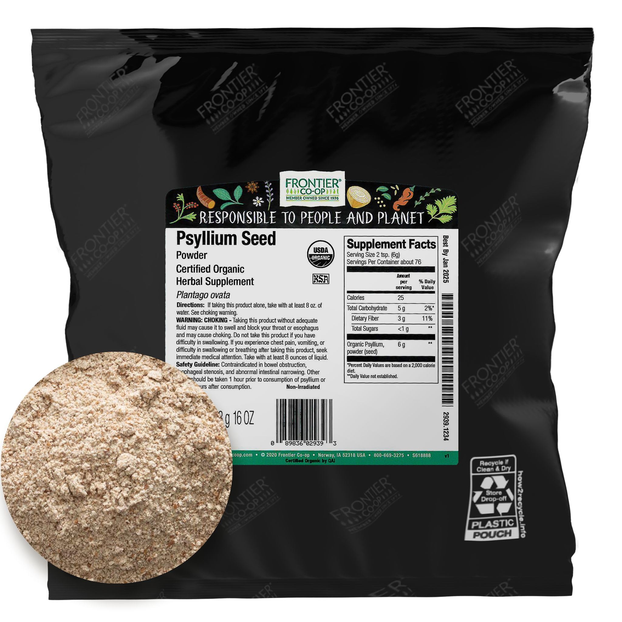 Polvo psyllium Frontier Co-op en envase granel listo para mezclar