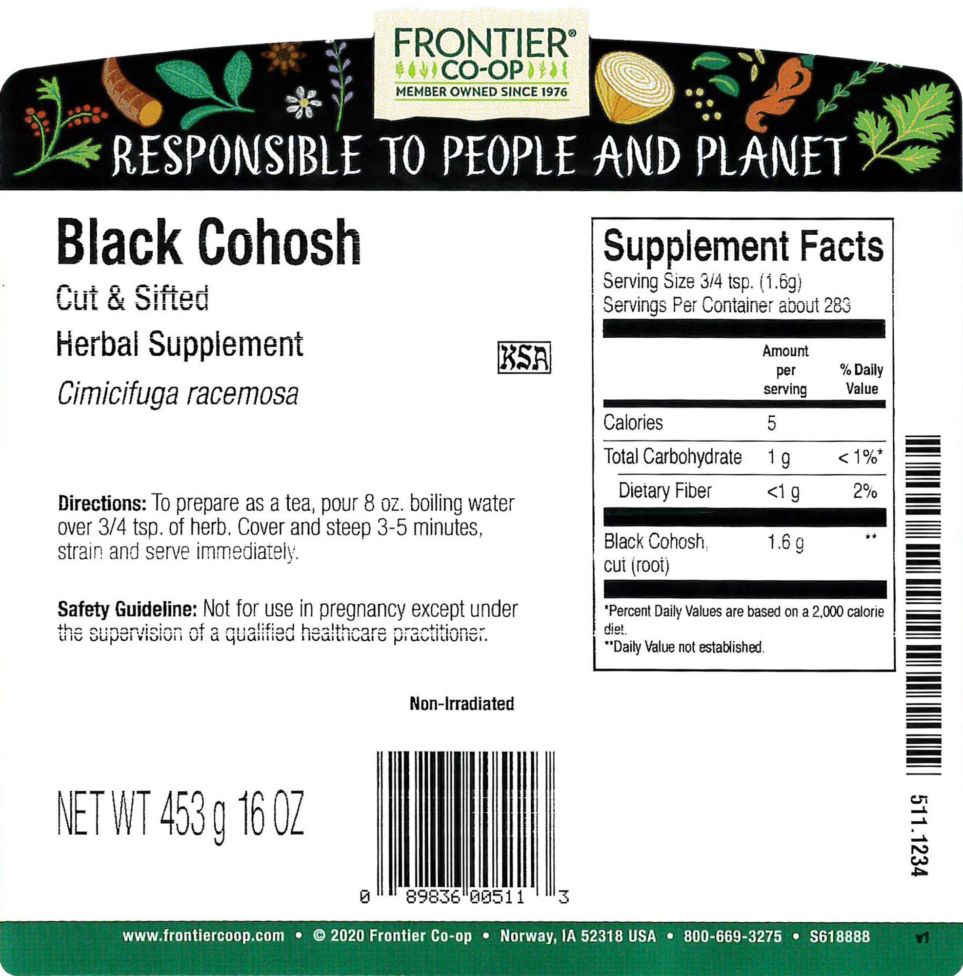 Frontier Co-op Raíz de Cohosh negro, aroma terroso para mezclas herbales.
