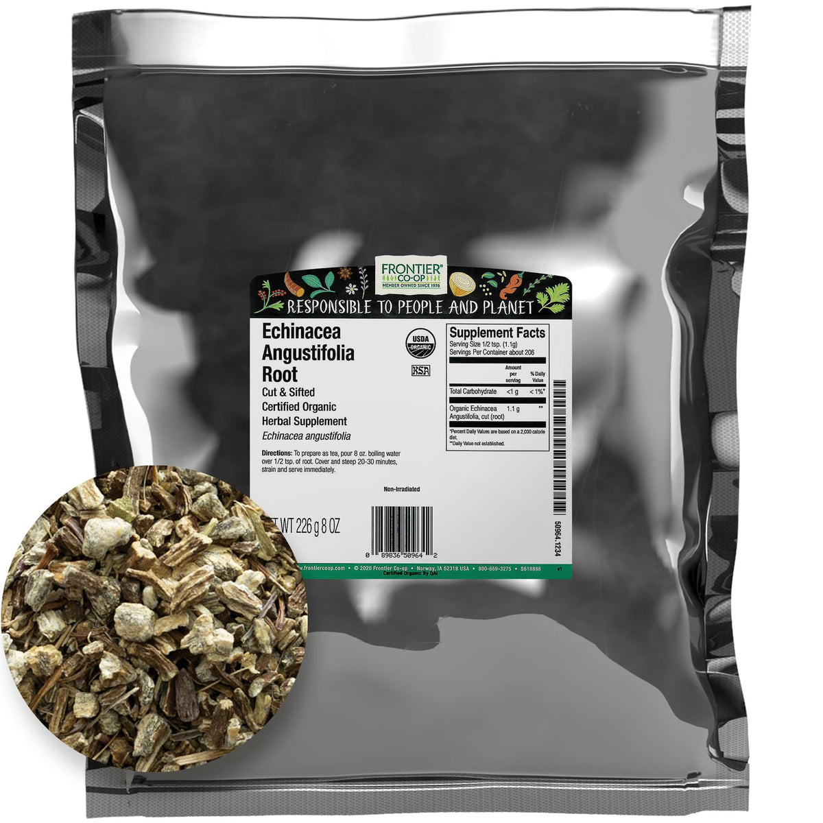 Raíz de equinácea angustifolia cortada y tamizada de Frontier Co-op, ideal para infusiones que apoyan el bienestar.