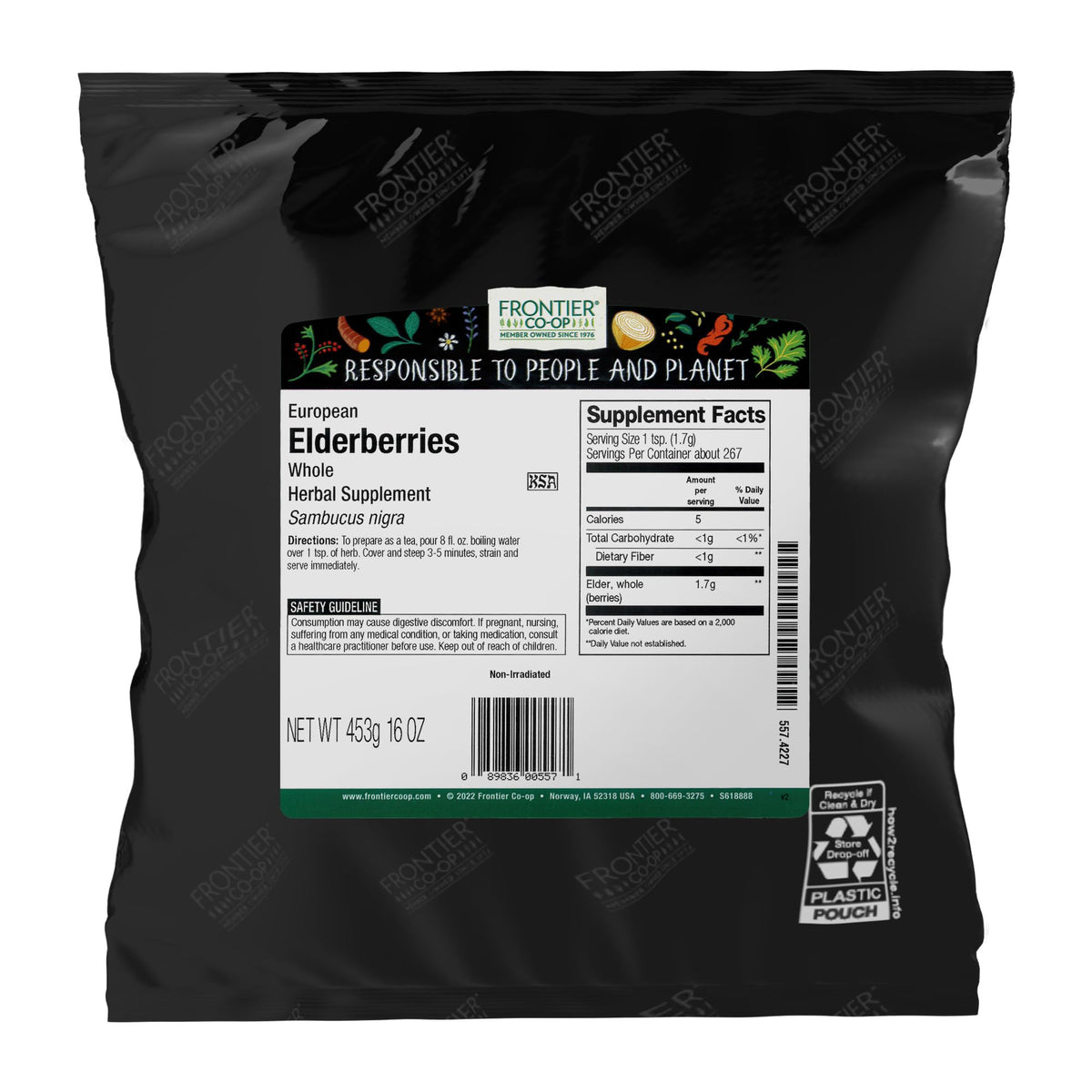Bayas de saúco Frontier Co-op secas, listas para té y tés aromáticos.