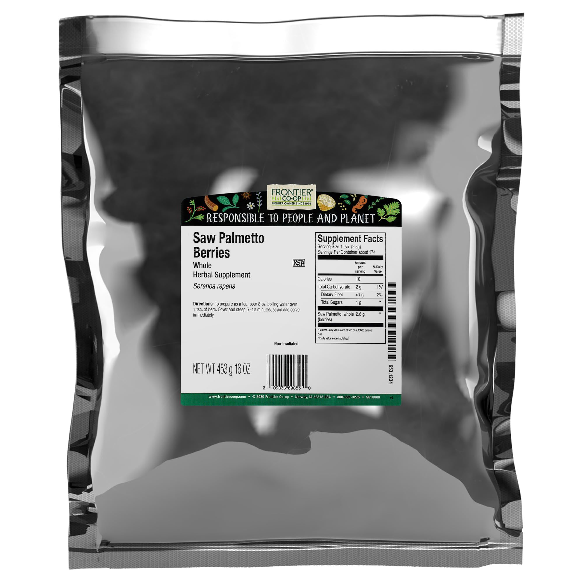 Frontier Co-op Saw Palmetto Berries en bolsa al por mayor para té y recetas.