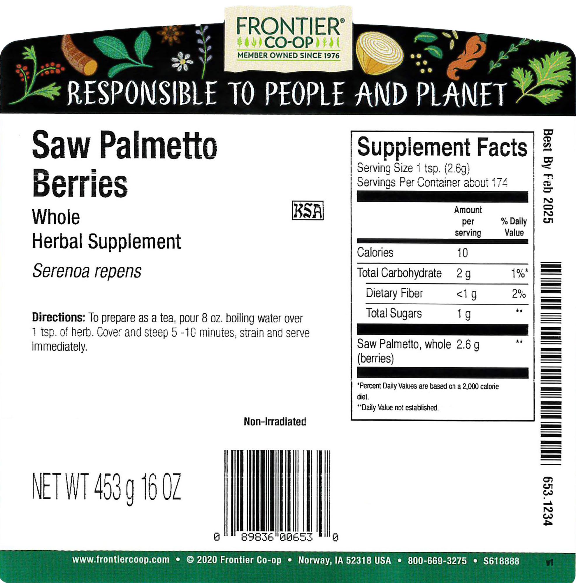 Saw Palmetto Berries de Frontier Co-op para infusiones y preparaciones diarias.