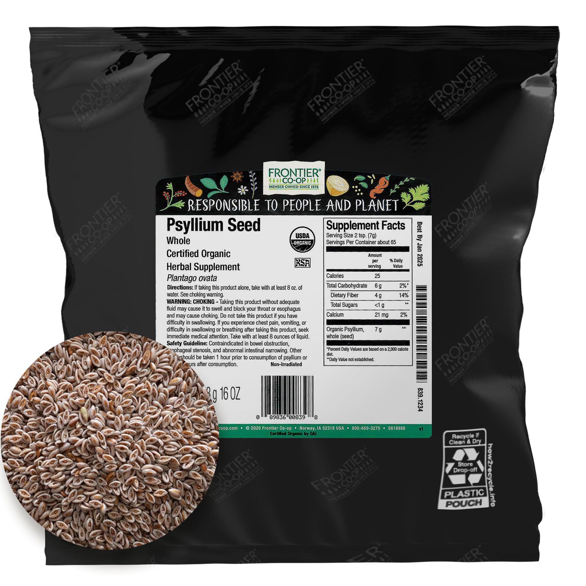 Frontier Co-op semilla psyllium orgánica entera en bolsa de 1 libra para fibra diaria.