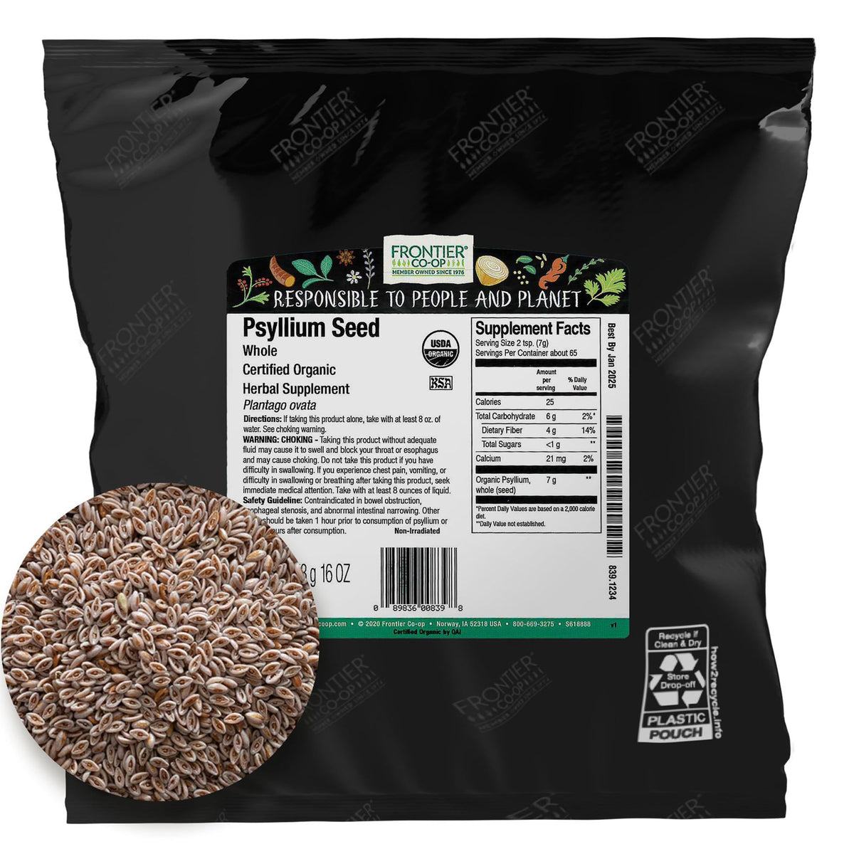 Frontier Co-op semilla psyllium orgánica entera en bolsa de 1 libra para fibra diaria.