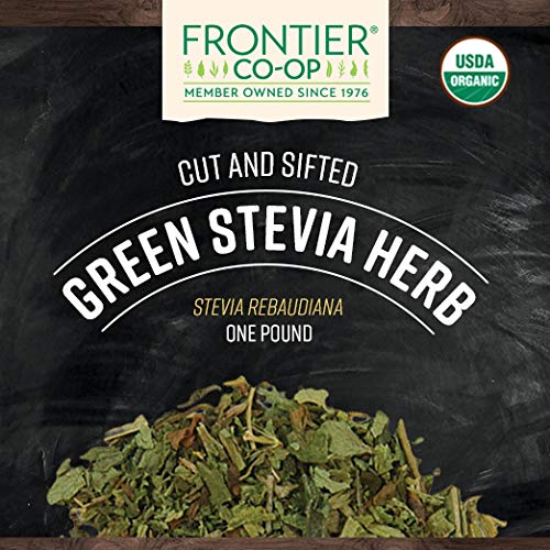 Frontier Co-op Stevia herb verde: corte y sifado listos para usar.