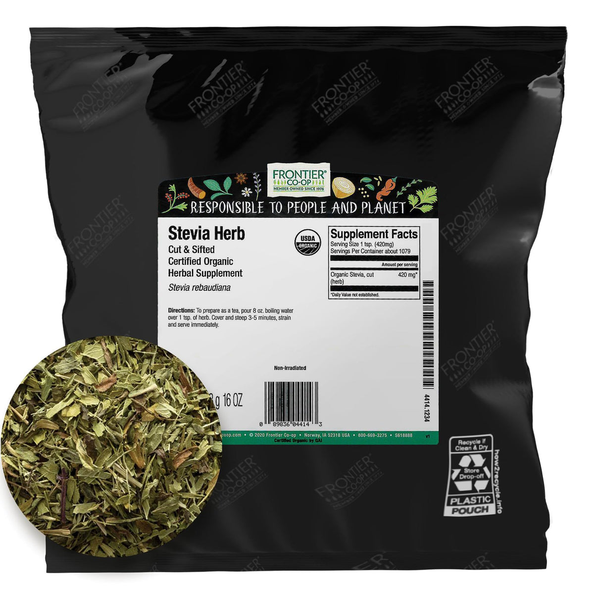 Frontier Co-op Stevia herb verde: hojas frescas para endulzar naturalmente.