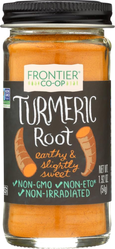 Frontier Curcuma raíz molida en frasco, aroma terroso para cocinar.