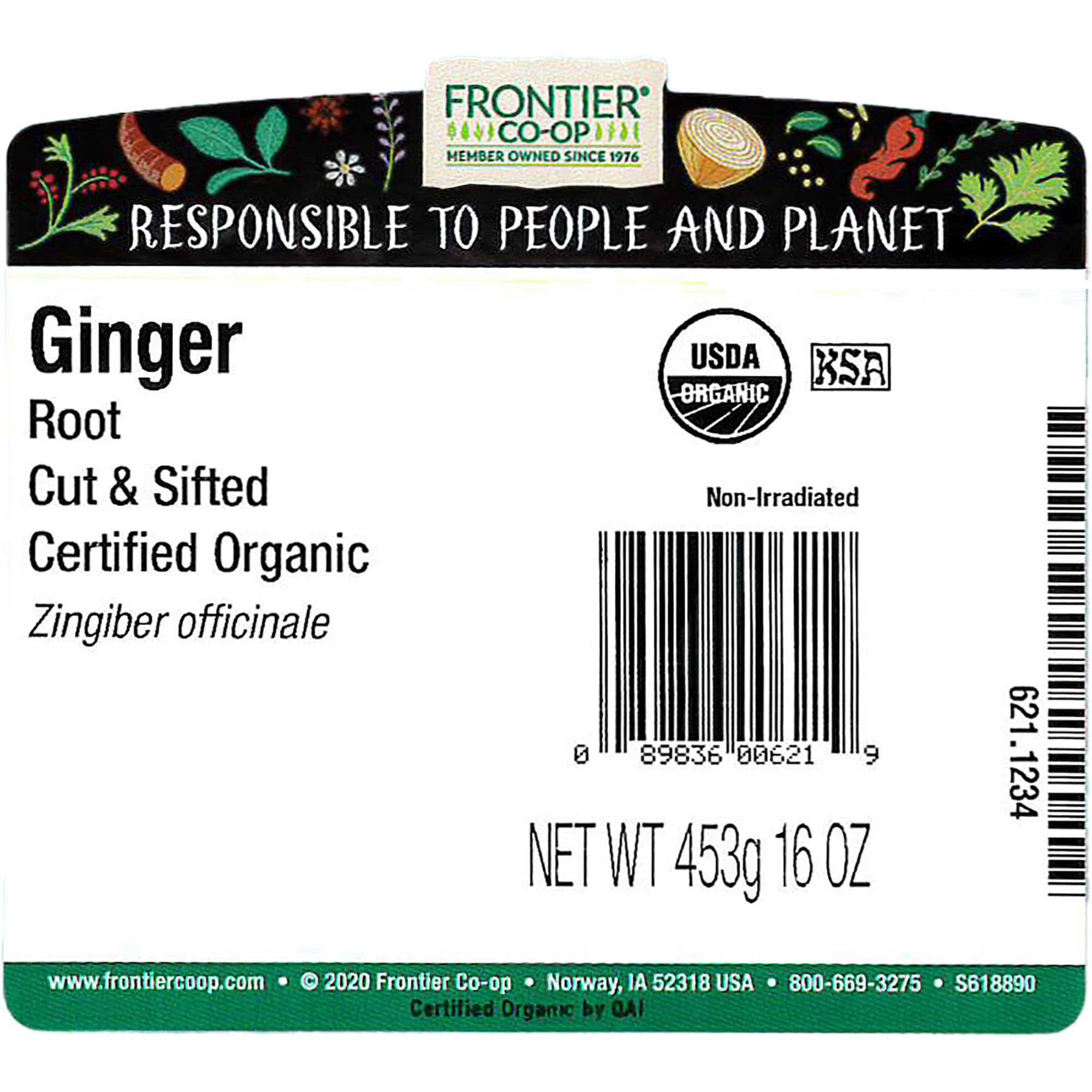 Frontier Co-op jengibre en raíz en bolsa a granel, práctico para preparar raciones diarias.