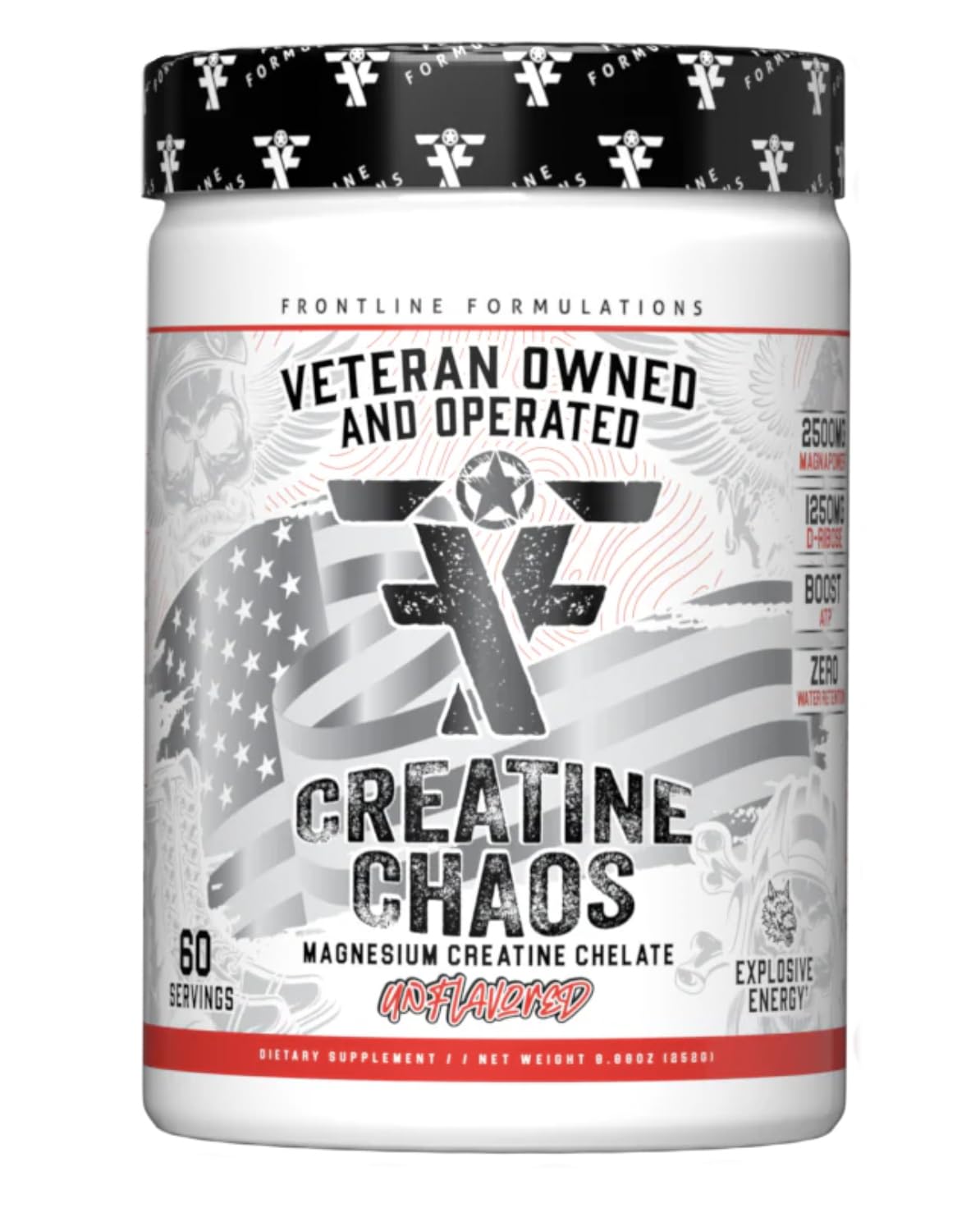 FRONTLINE FORMULATIONS Creatine Chaos, bote: mezcla neutra y fácil de usar tras entrenar.