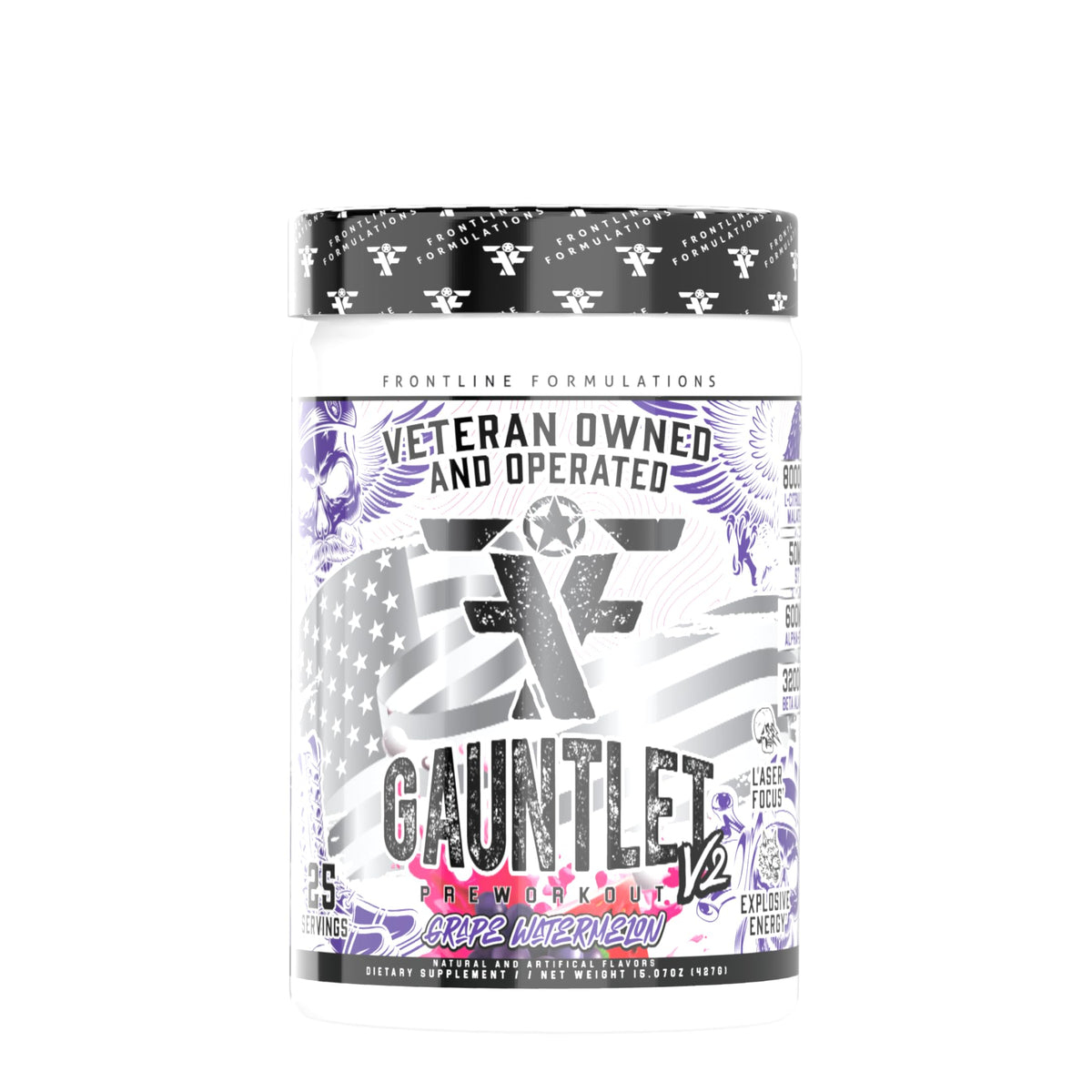 Gauntlet de FRONTLINE FORMULATIONS en lata, listo para entrenamientos intensos y explosivos.