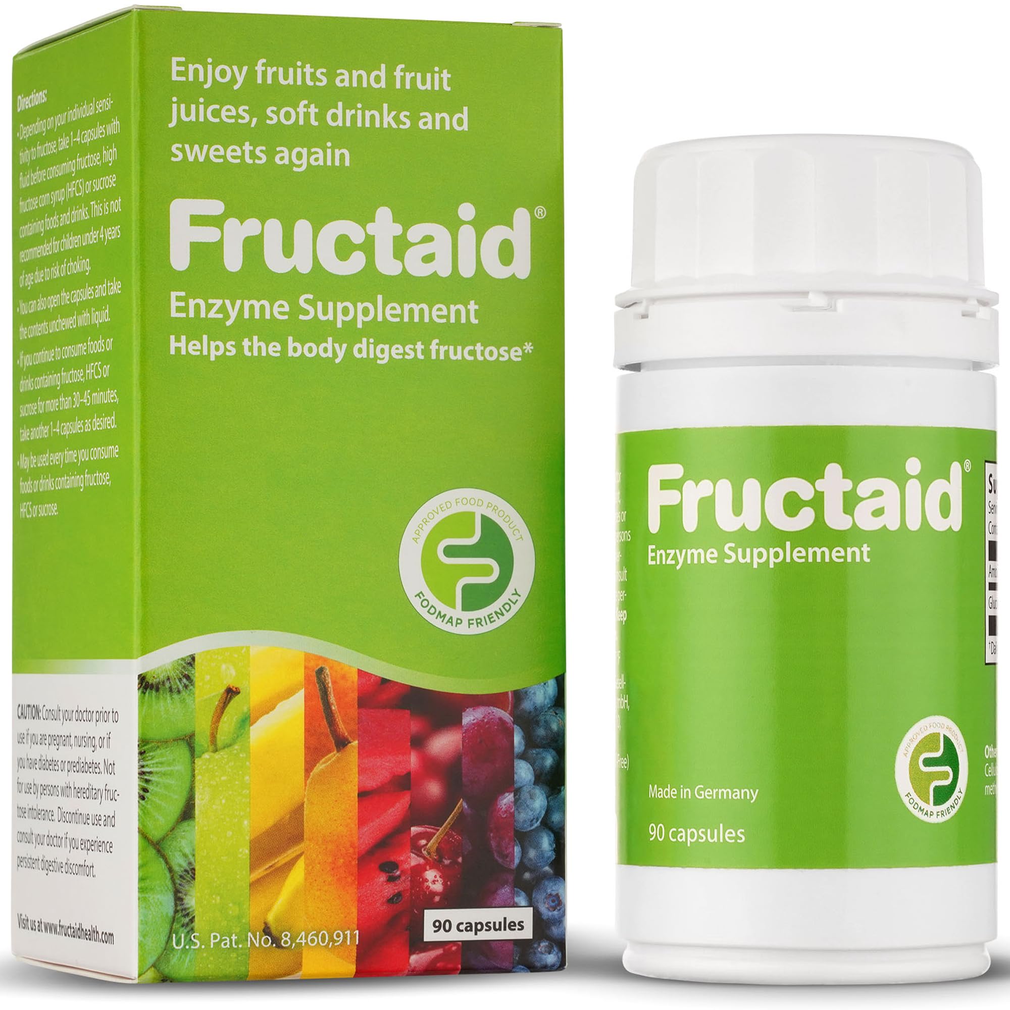 Fructaid: envase de enzima con cápsulas para apoyar la digestión de fructosa.