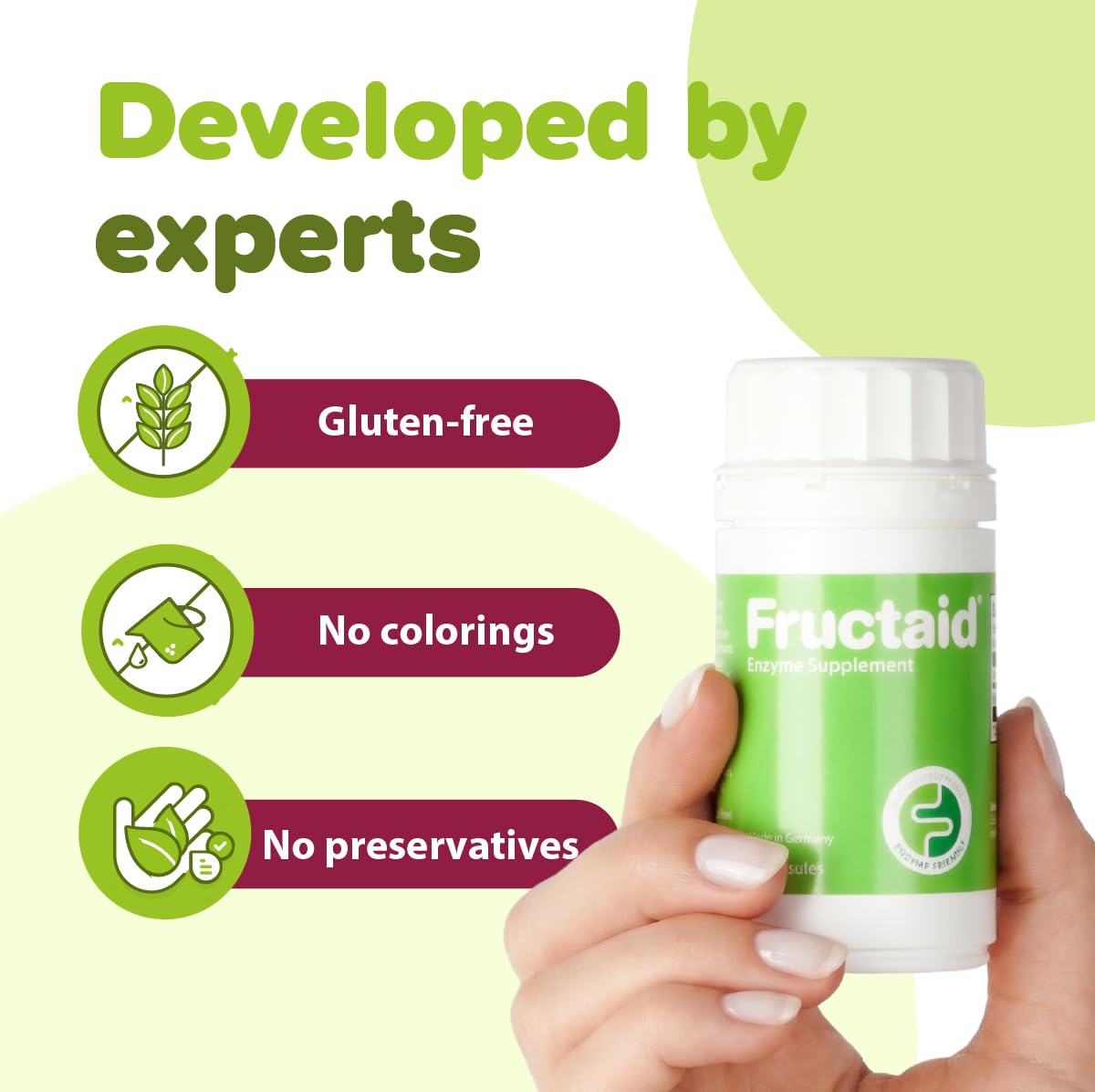 Fructaid: etiqueta informativa de productos sin gluten y sin lactosa.