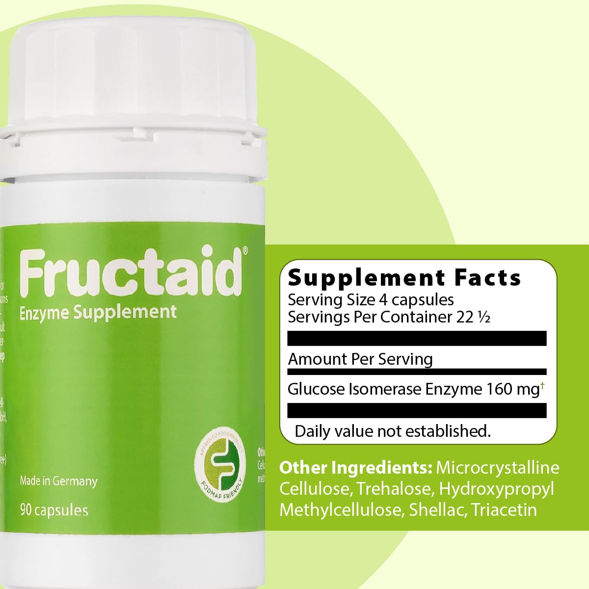 Fructaid: cápsulas sin lactosa ni gluten, aptas para vegetarianos.