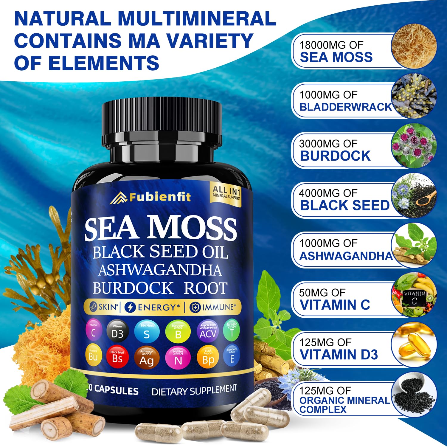 Cápsulas Fubienfit de ashwagandha para enfoque y equilibrio potencial.