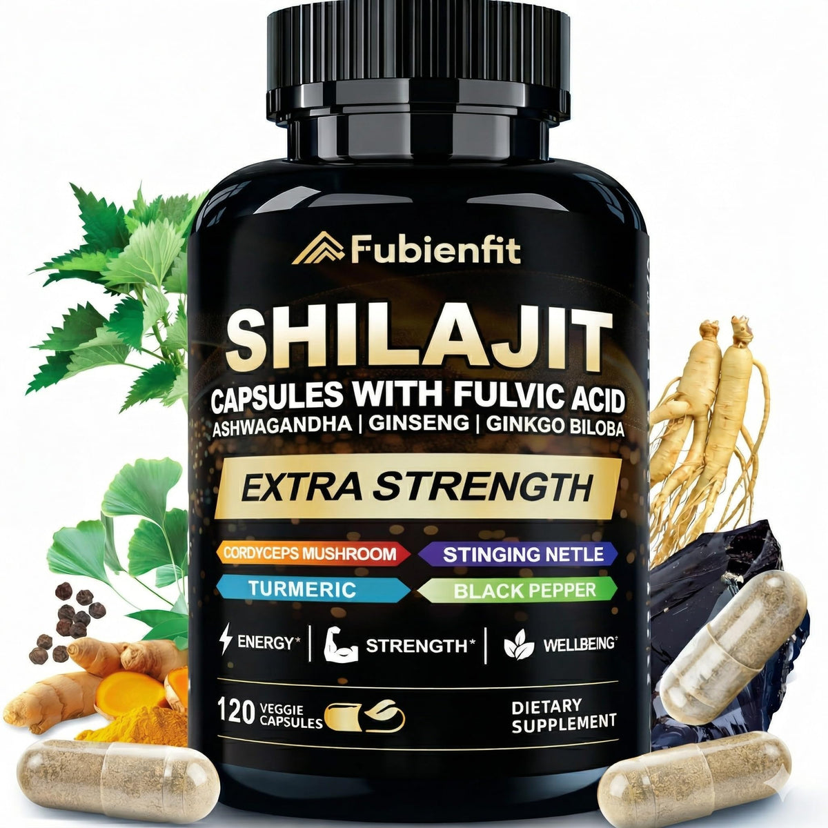Cápsulas Fubienfit Shilajit en empaque práctico para organización diaria.