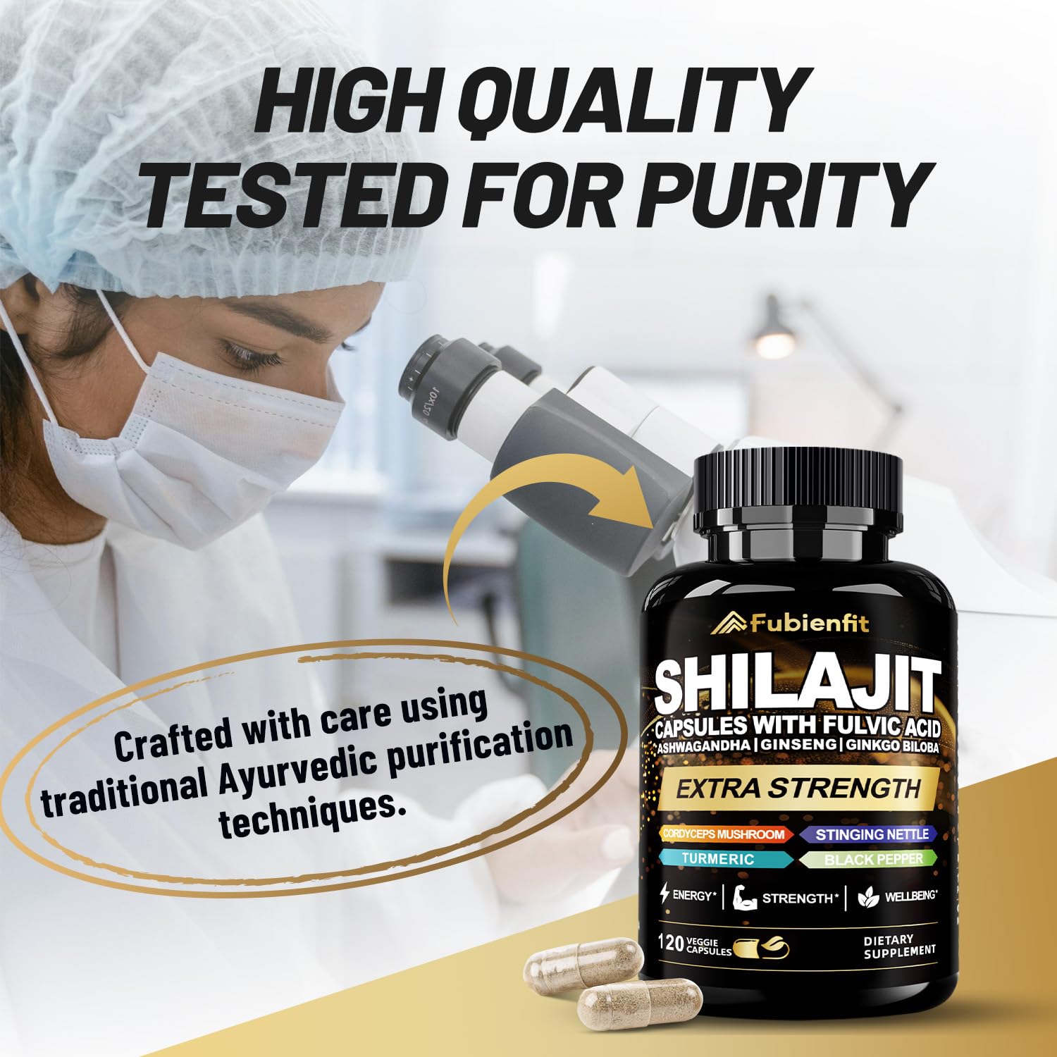 Fubienfit Shilajit Capsulas, fácil de tragar para mañanas ocupadas.