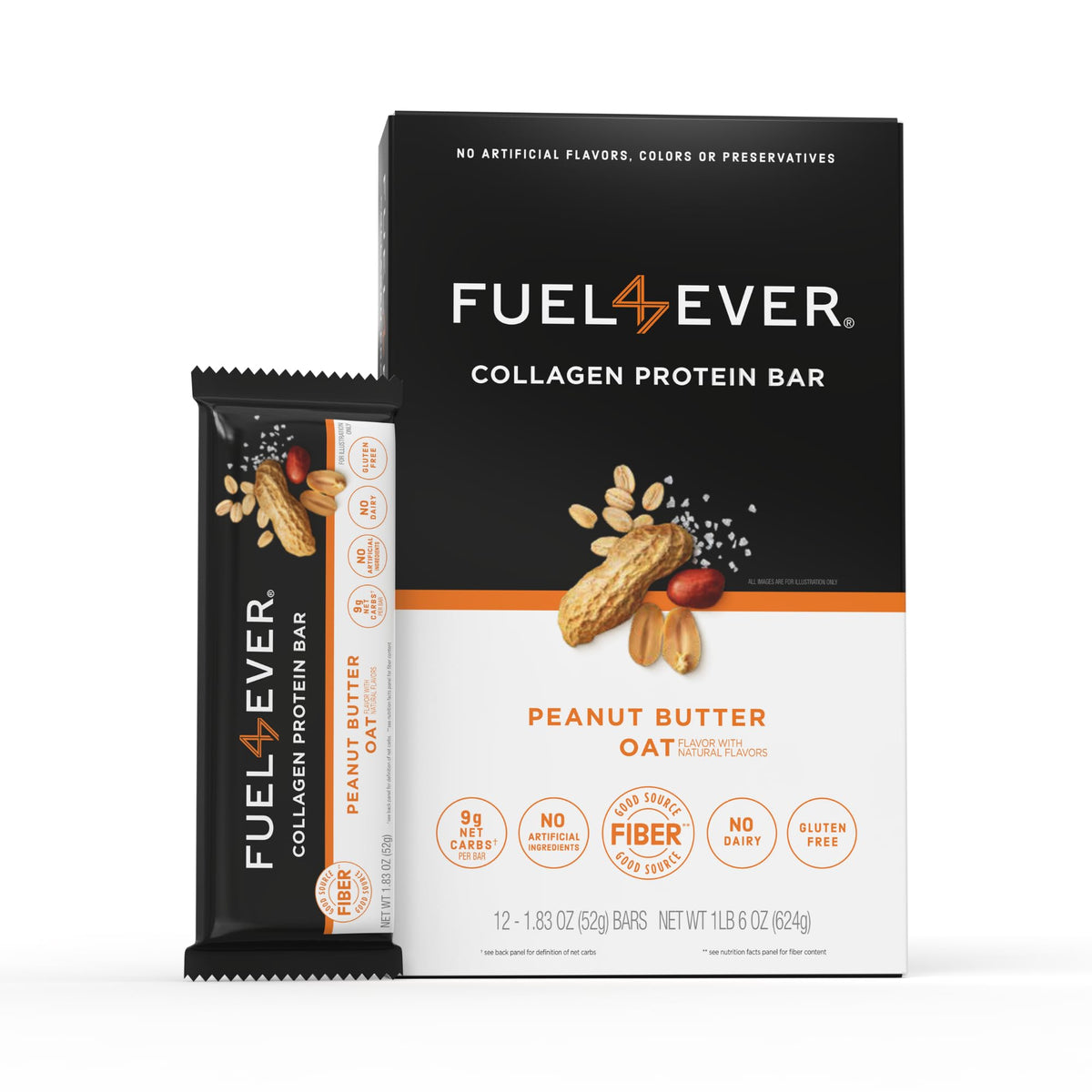 Barras Fuel 4 Ever en empaque frontal, snack de energía sostenida.