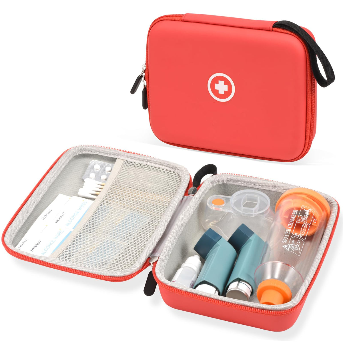 Fukumi estuche duro para inhalador rojo visto frontal, protección para viaje