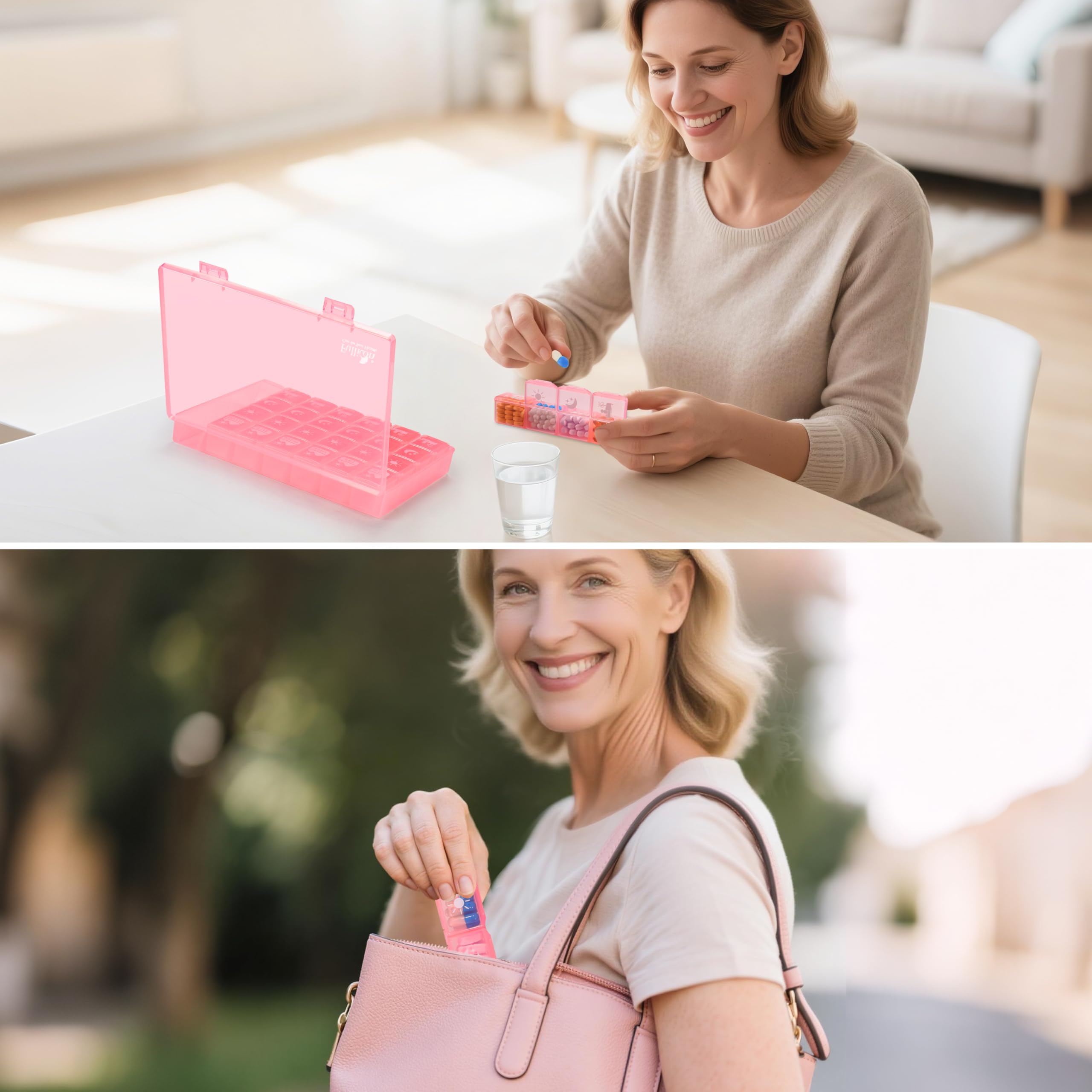 Fullicon organizador rosado para pastillas, color agradable y práctico.