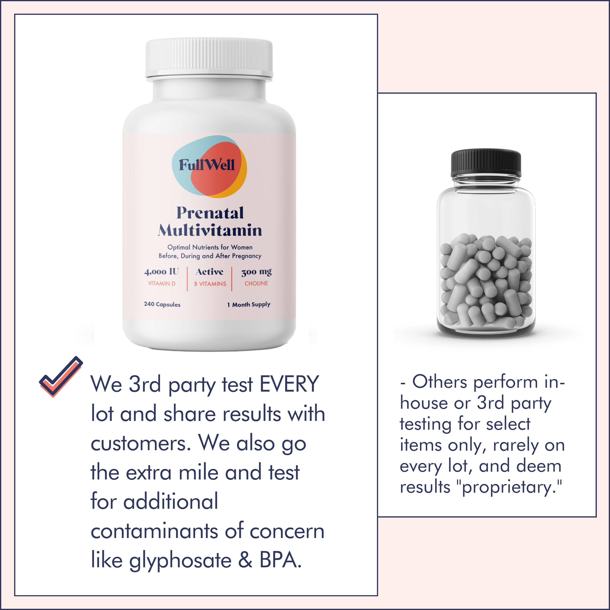 FullWell Prenatal Multivitamin: tarro con dosificador práctico para dosis diarias.