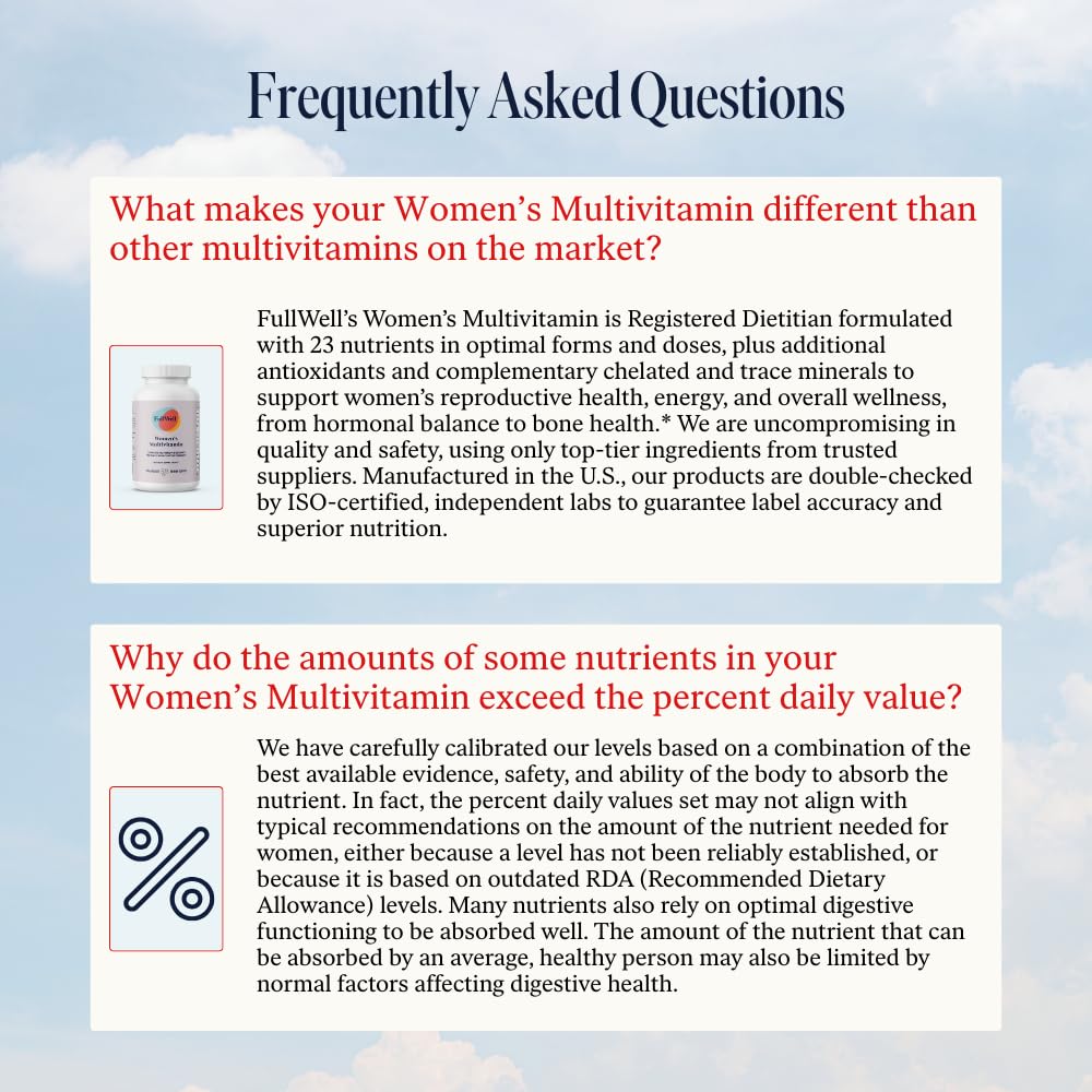 FullWell Multivitamínico Femenino: envase claro con información de fabricación y pureza.