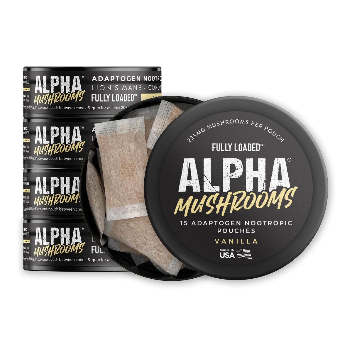Fully Loaded Alpha Mushroom Pouches en bolsa, enfoque diario discreto