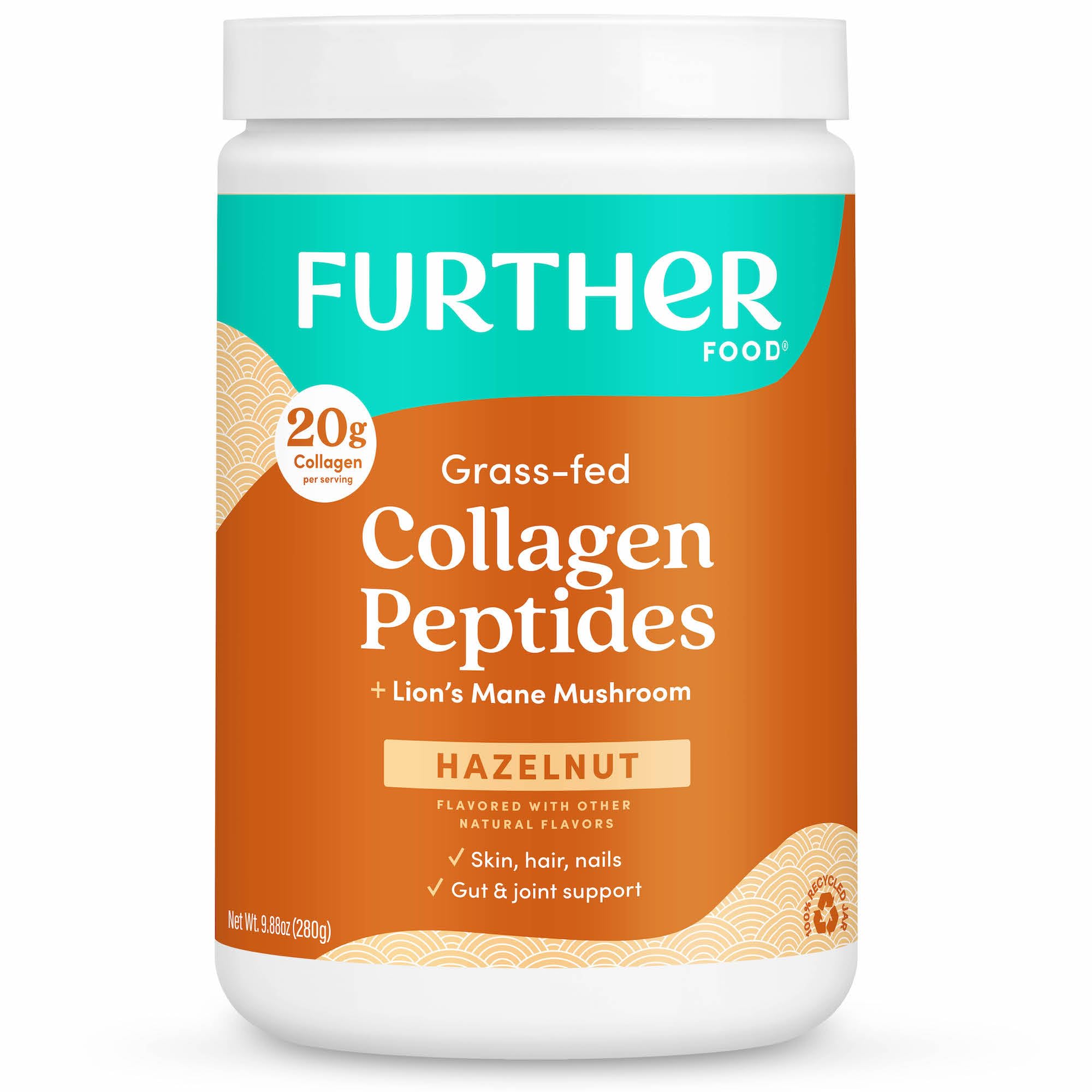 Frasco de Further Food Avellana Collagen, pote, para piel, cabello y uñas.