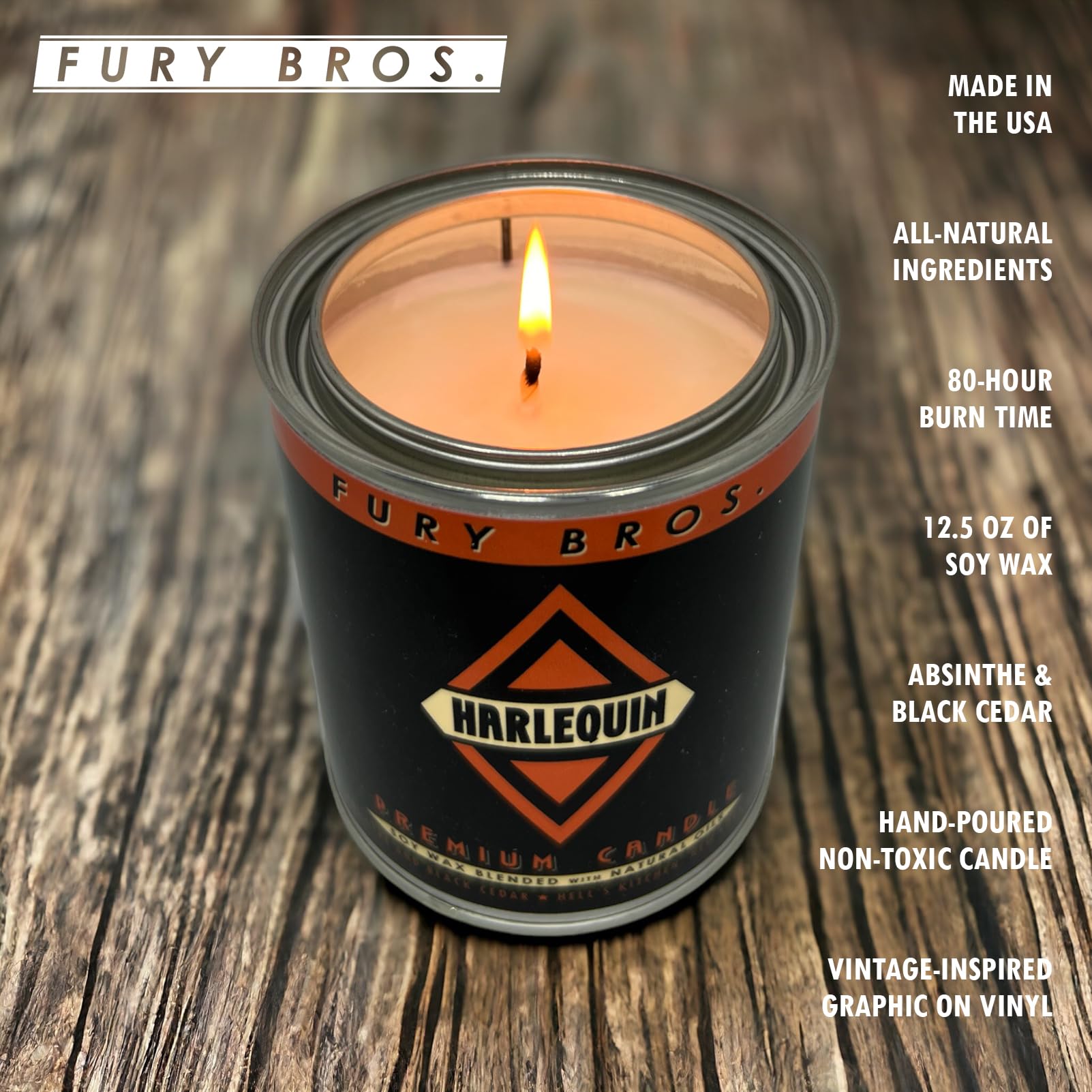 Vela Fury Bros en lata vintage, diseño clásico para salas elegantes.