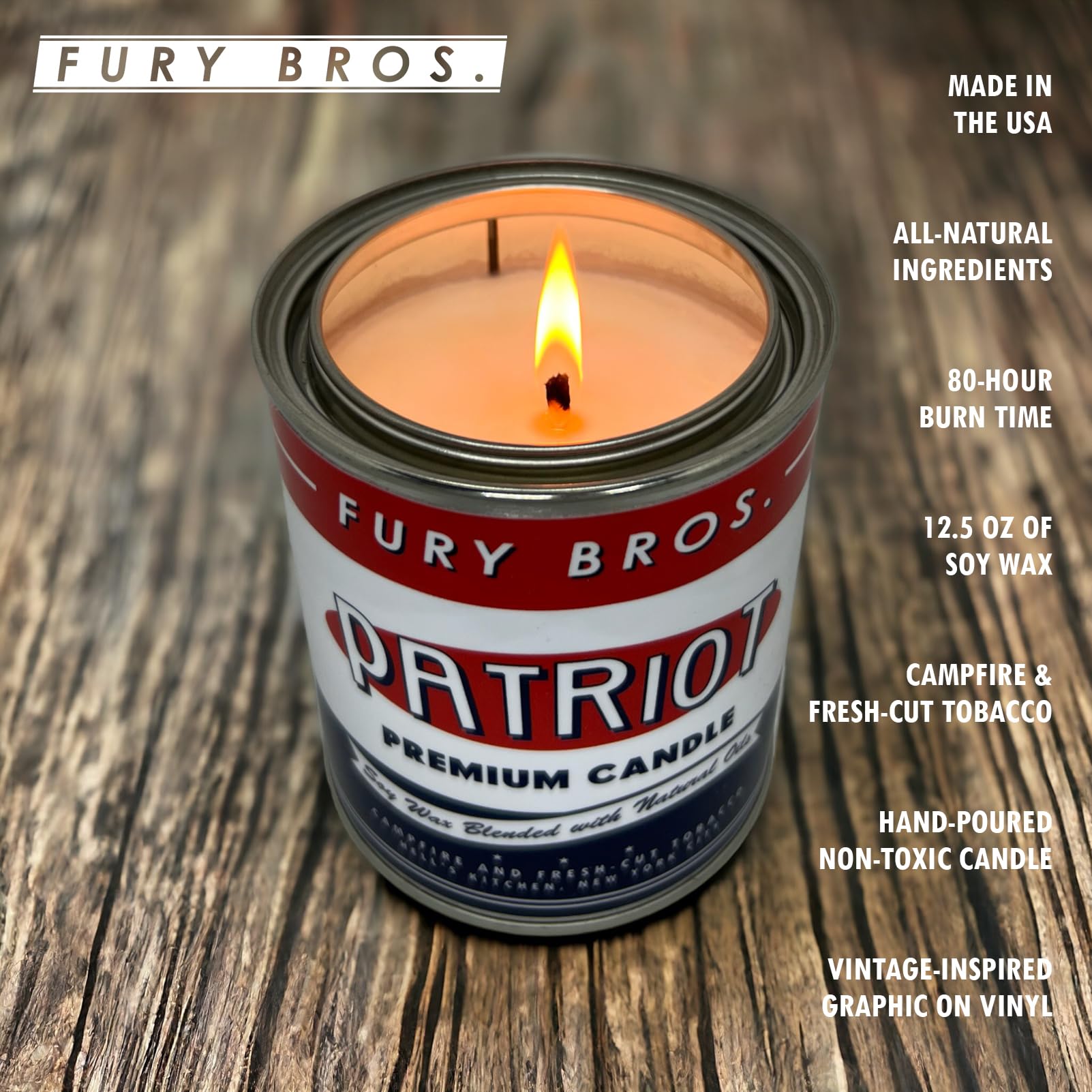 Vela Patriot Fury Bros empaquetada en lata vintage para nostalgia