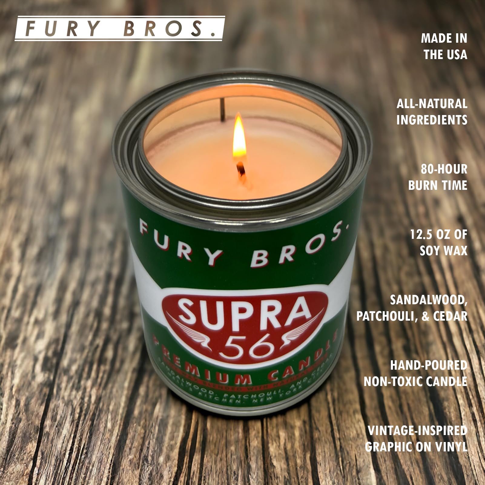 Lata vintage Fury BROS Supra56 con diseño elegante para decoración.