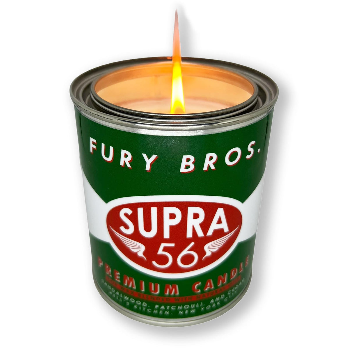 Vela Fury BROS Supra56 de sándalo, pachulí y cedro para atmósfera masculina.