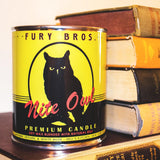 Vela Fury Bros Nite Owl diseño lata vintage para escritorio.