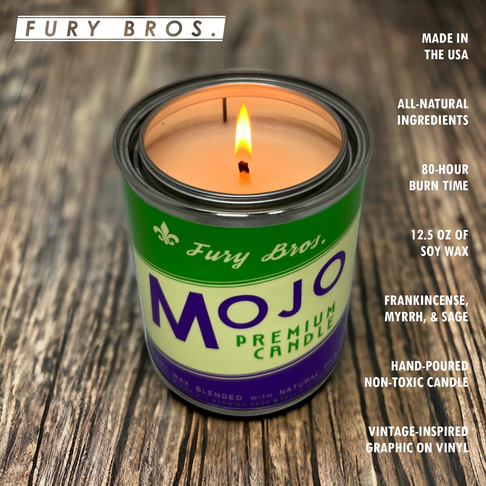 Vela Fury Bros para hombre, enfoque en lata vintage y diseño distintivo.