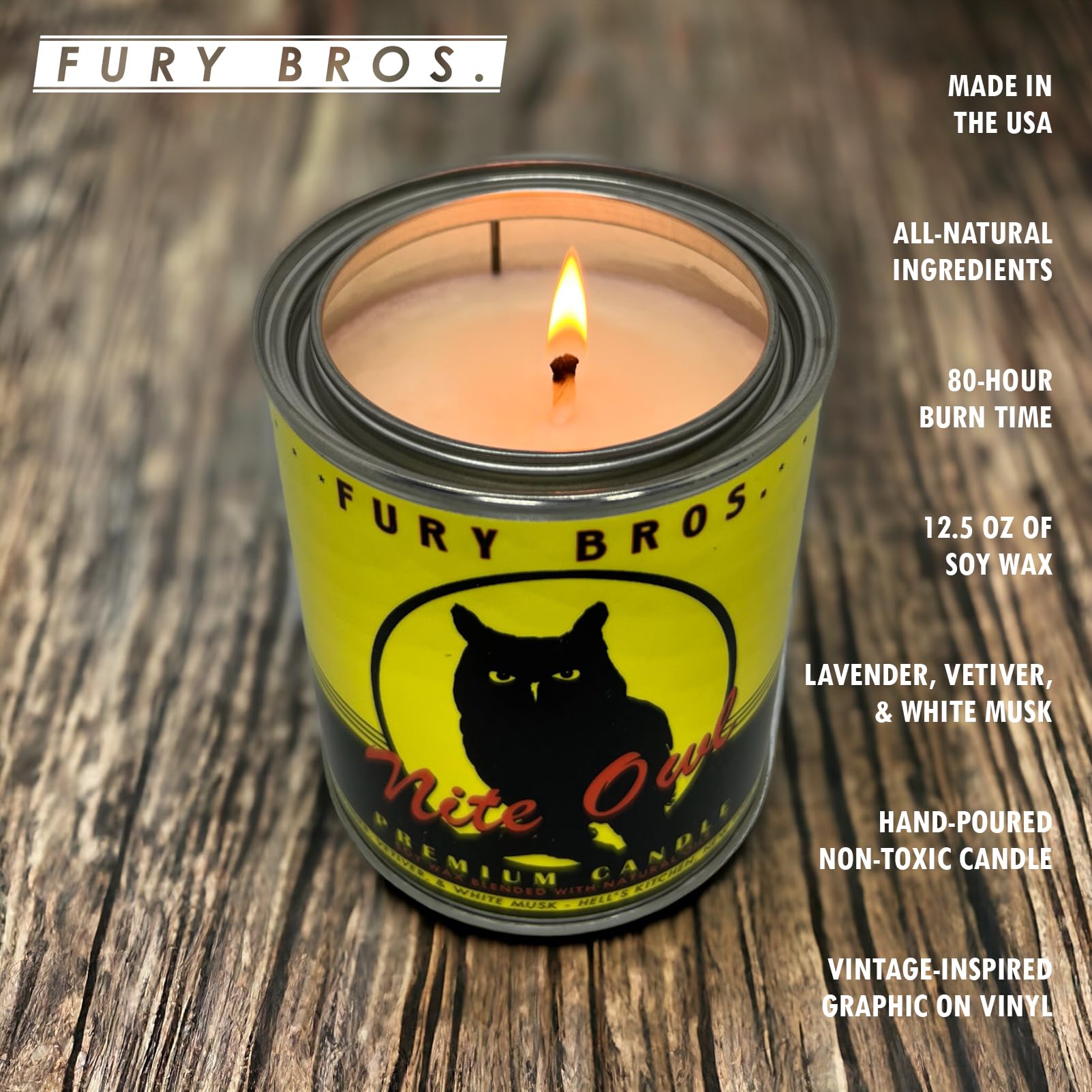 Vela Fury Bros Nite Owl lavanda para relajación y frescura.