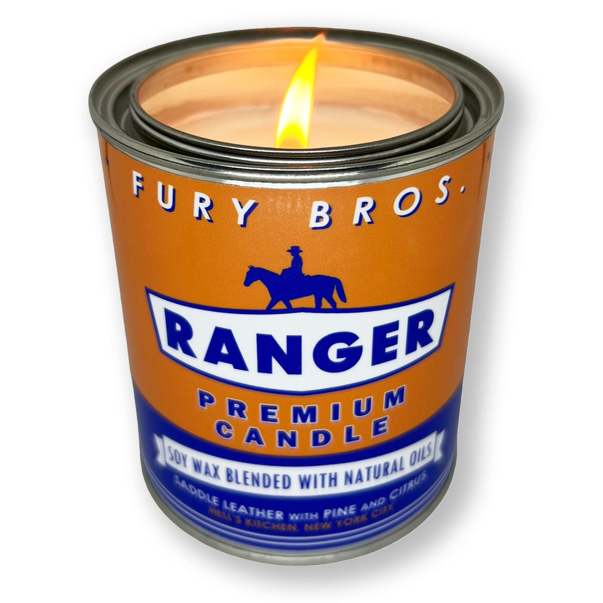 Vela Fury Bros Ranger en lata vintage para ambientes masculinos.