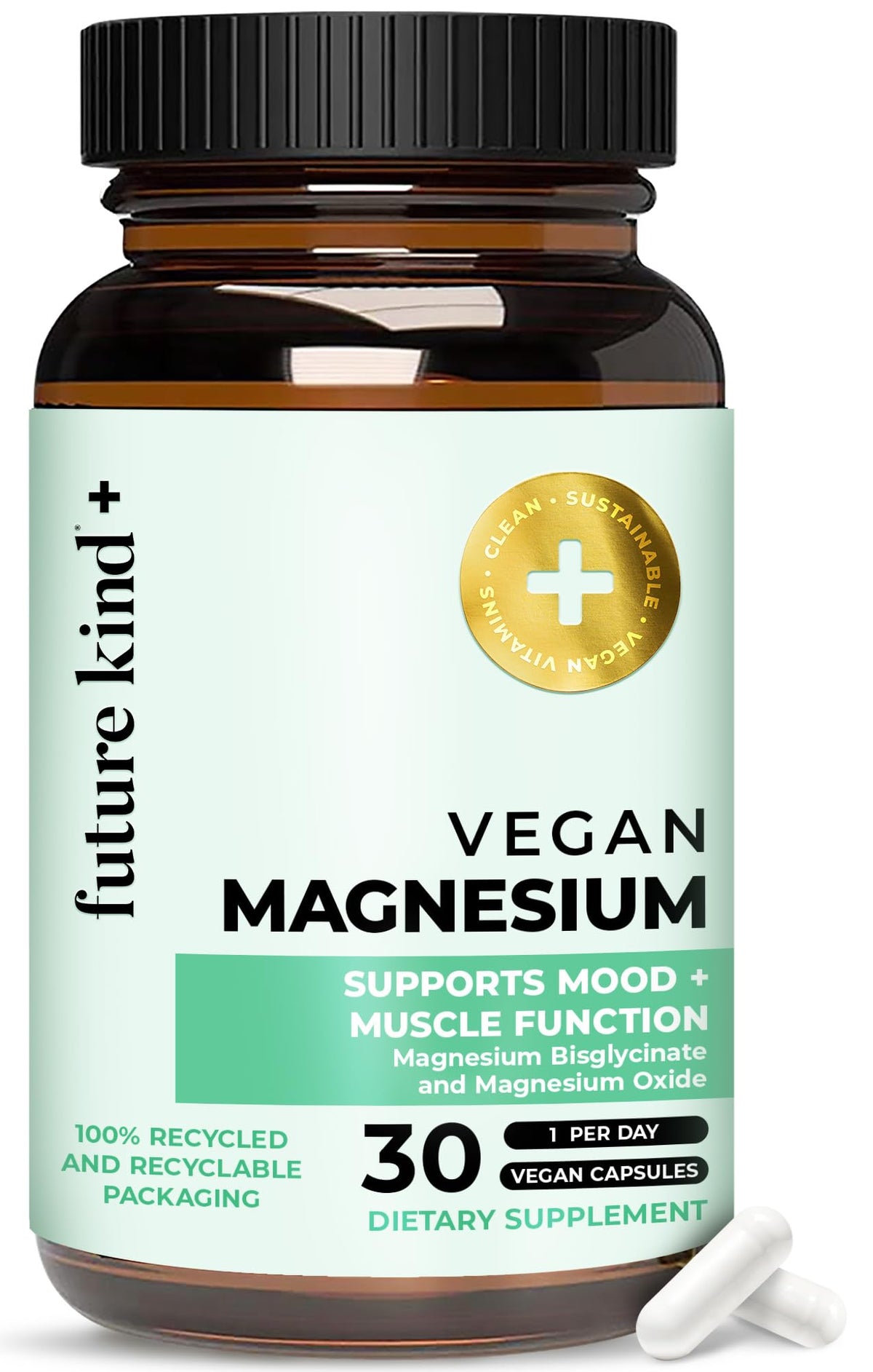 Future Kind glicinato de magnesio 200 mg, cápsula visible para apoyo muscular y nervioso.