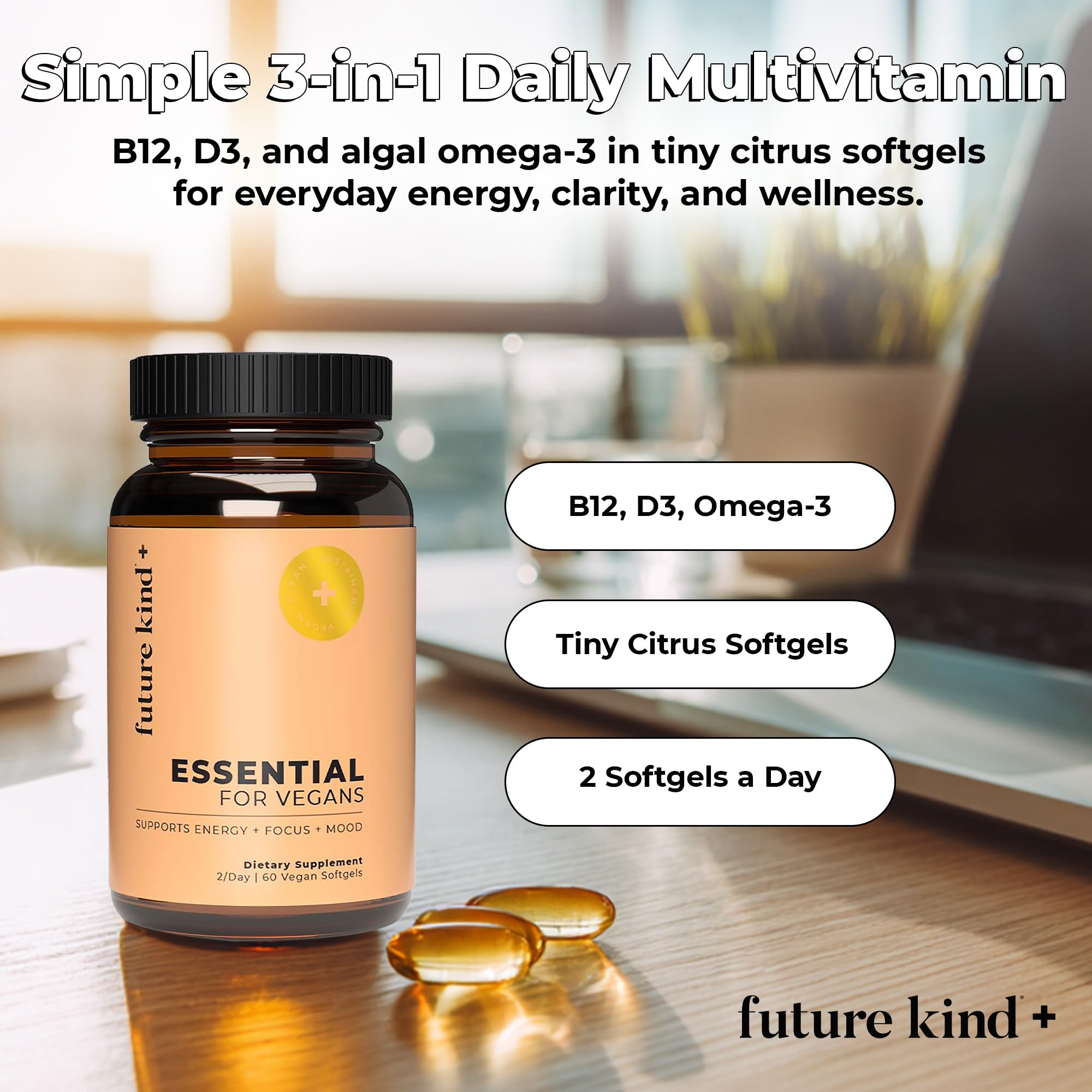 Future Kind: frasco de vidrio con cápsulas, ideal para la rutina diaria.