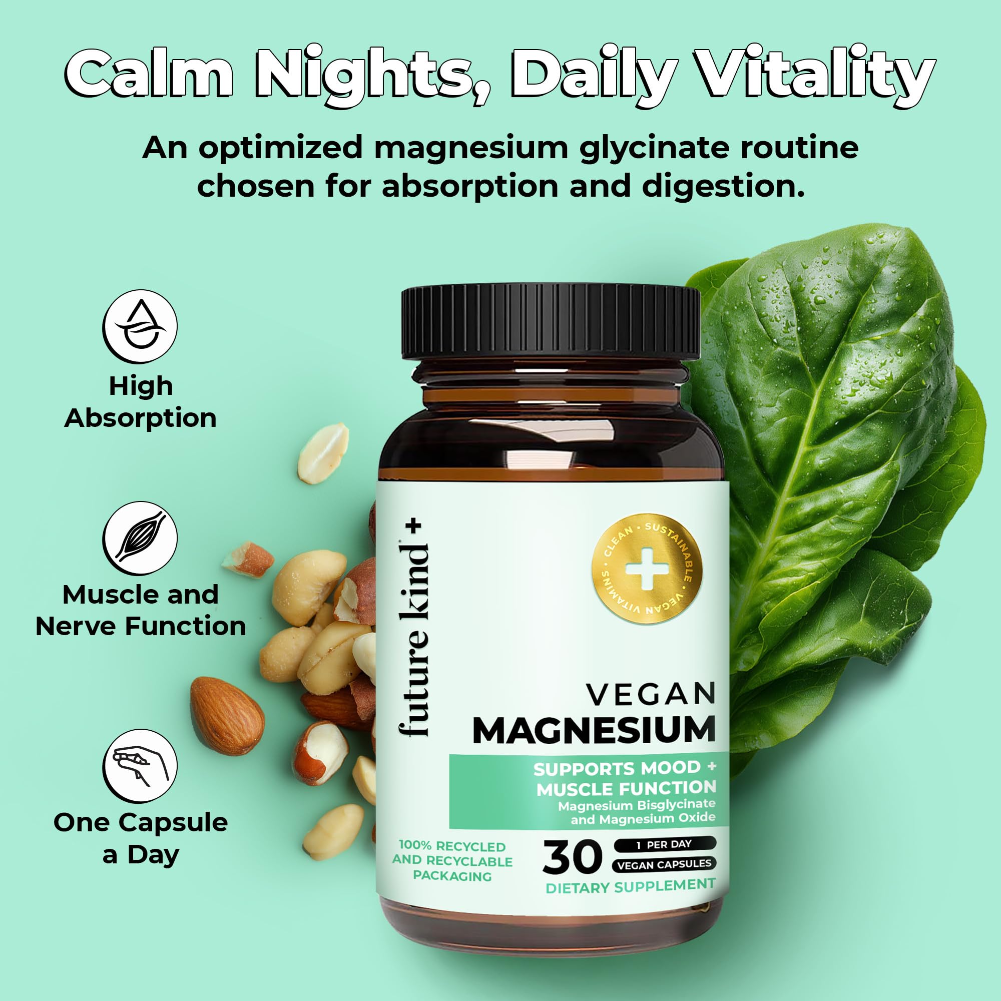 Cápsulas magnesio glicinato veganas de Future Kind para uso diario.