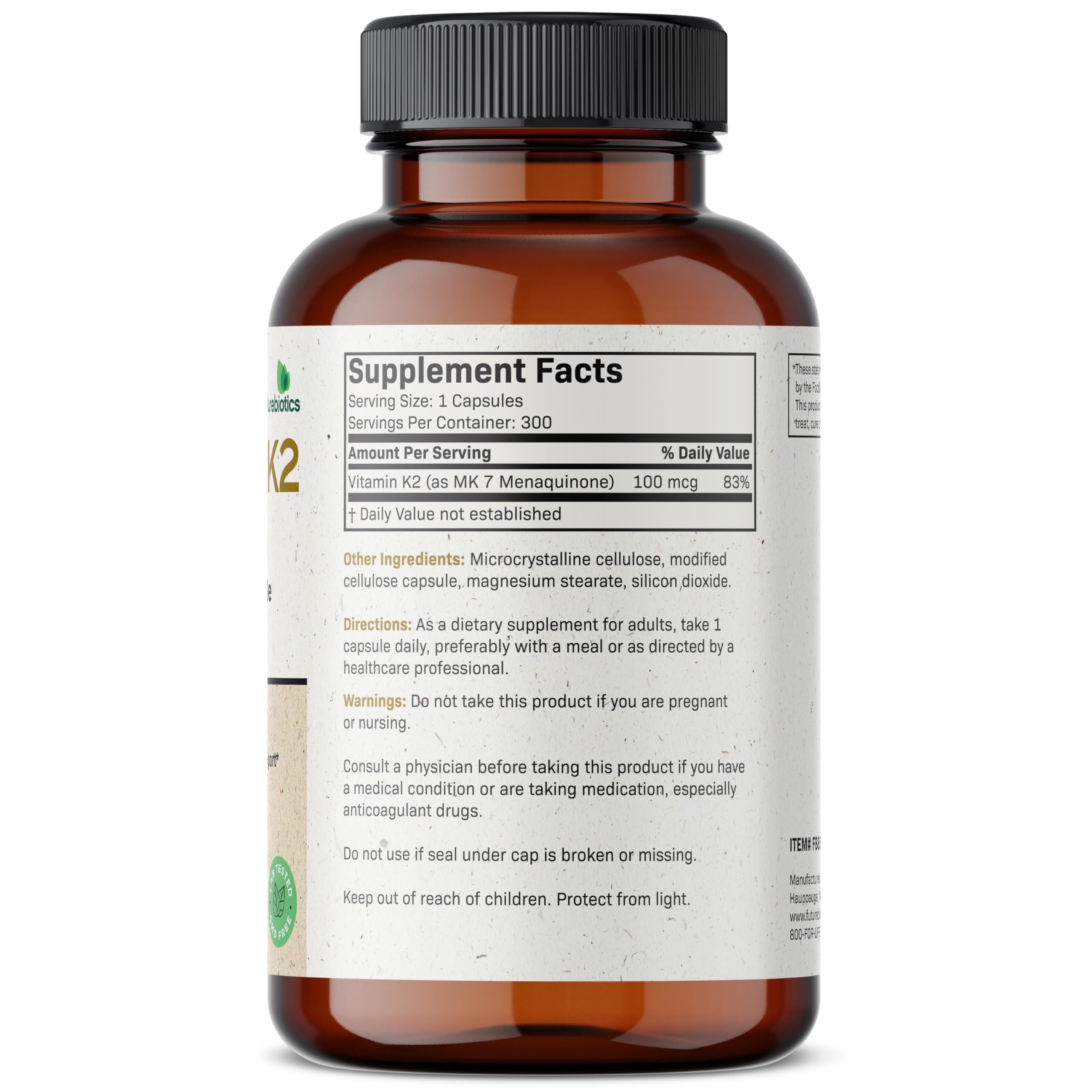 Etiqueta clara de Futurebiotics Vitamina K2 MK-7 en la botella