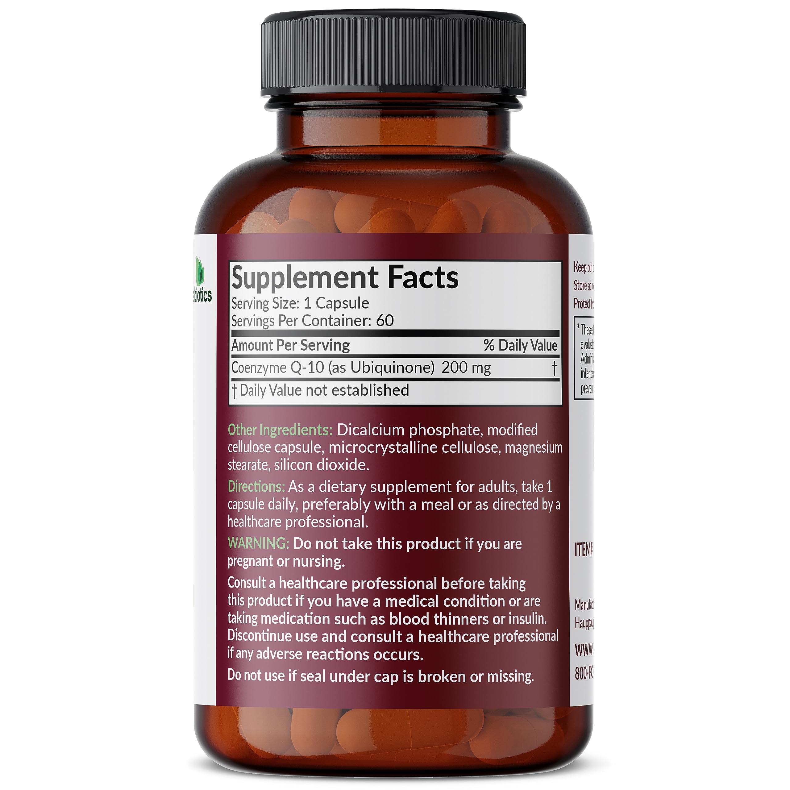 Futurebiotics CoQ10 200 mg, etiqueta trasera, información clara de ingredientes para elegir.