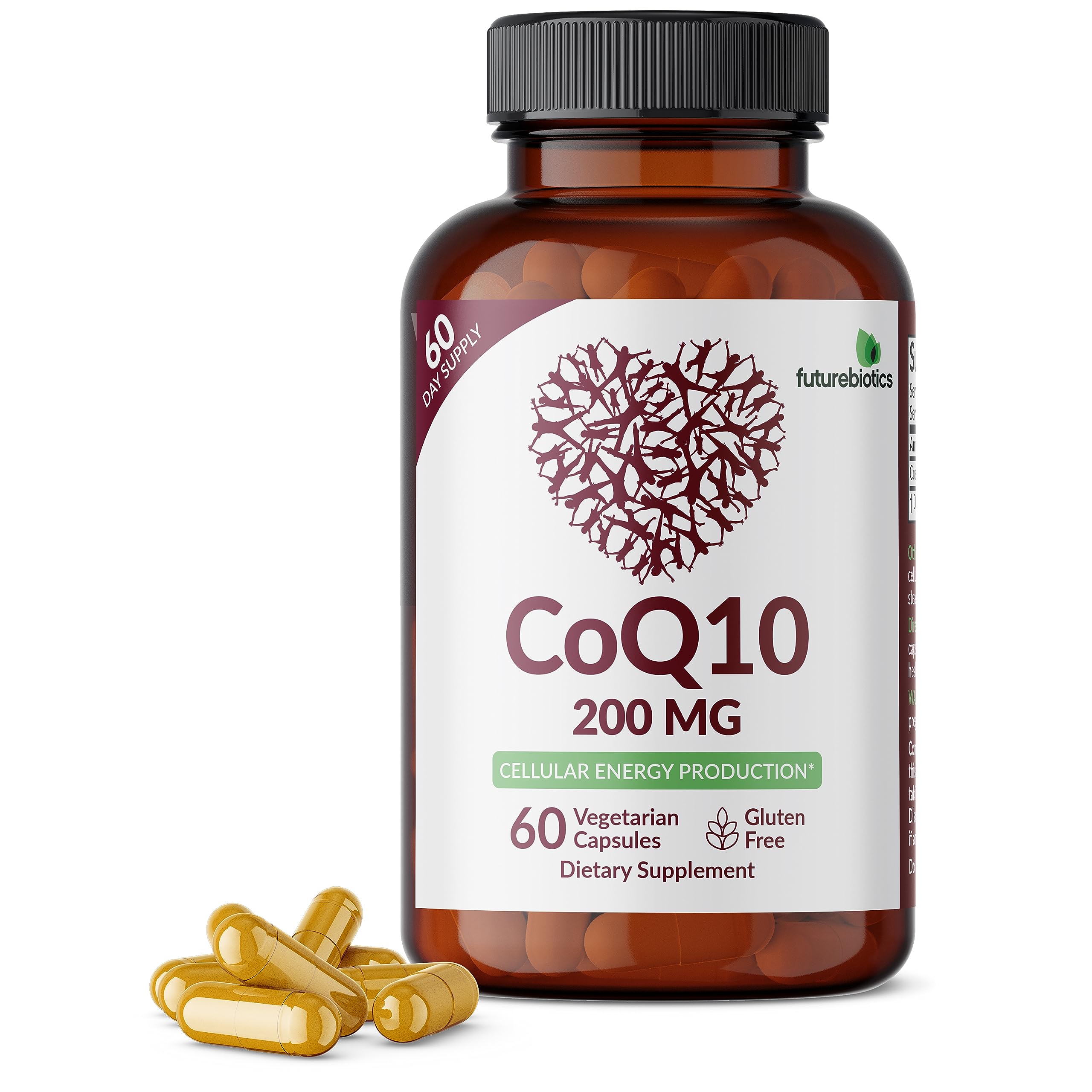 Futurebiotics CoQ10 200 mg, frasco frontal, apoyo potencial a la energía diaria.