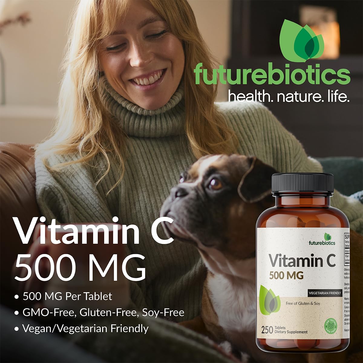 Futurebiotics Vitamina C, envase con etiqueta, claridad de información para elegir calidad.
