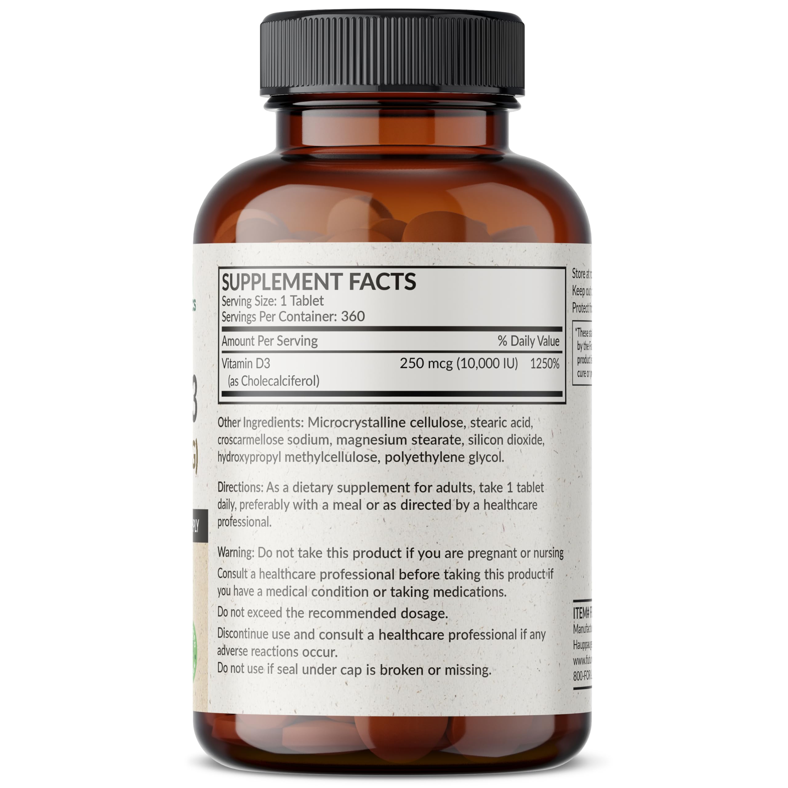 Etiqueta frontal de Futurebiotics Vitamina D3 para uso diario.
