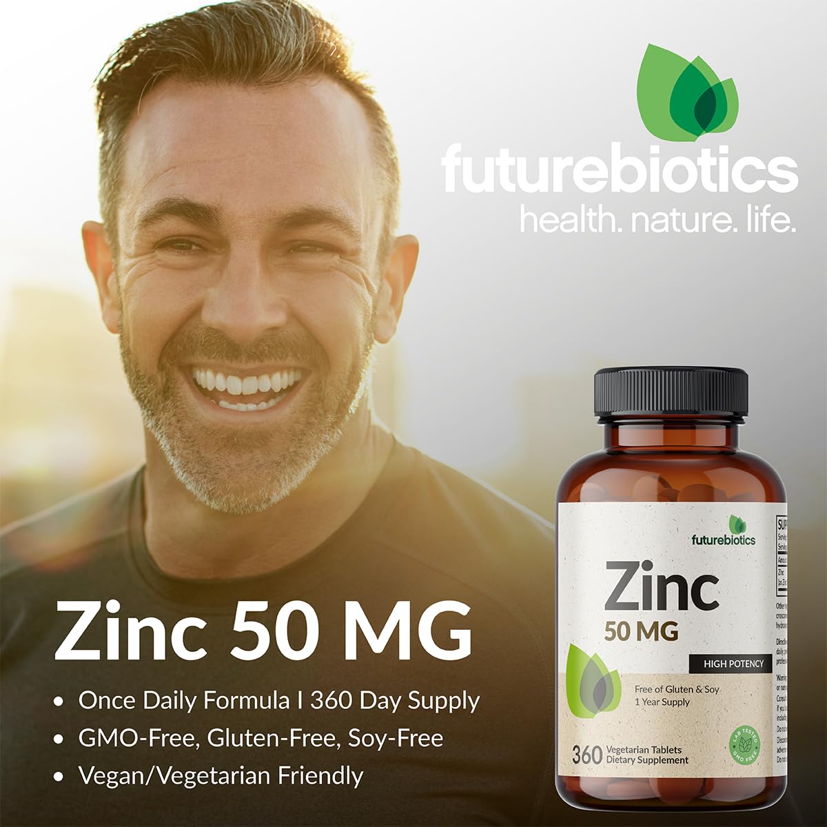 Futurebiotics Zinc 50 mg, botella con dosis, opción vegetariana para la dieta diaria