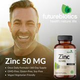 Futurebiotics Zinc 50 mg, botella con dosis, opción vegetariana para la dieta diaria