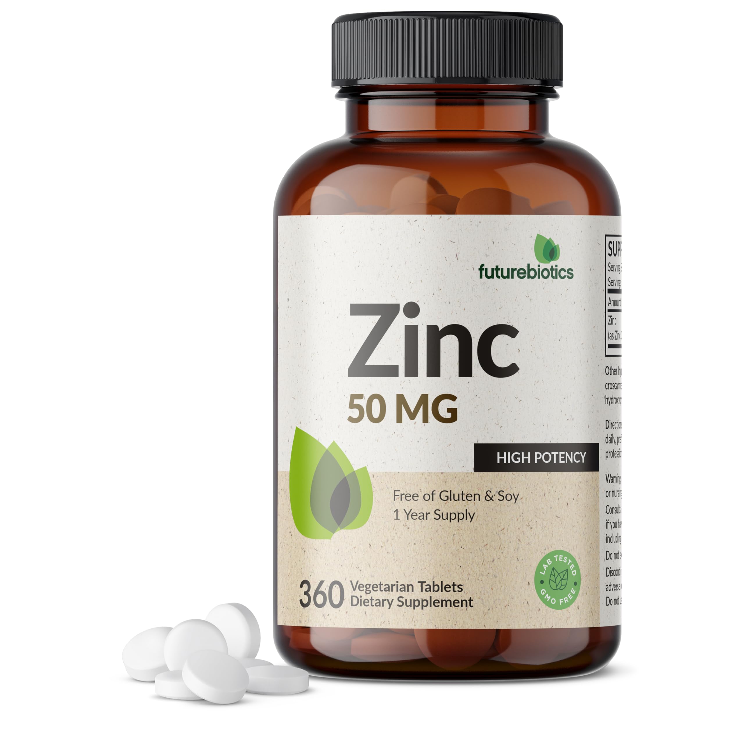 Futurebiotics Zinc 50 mg, botella frontal, soporte diario para la salud general