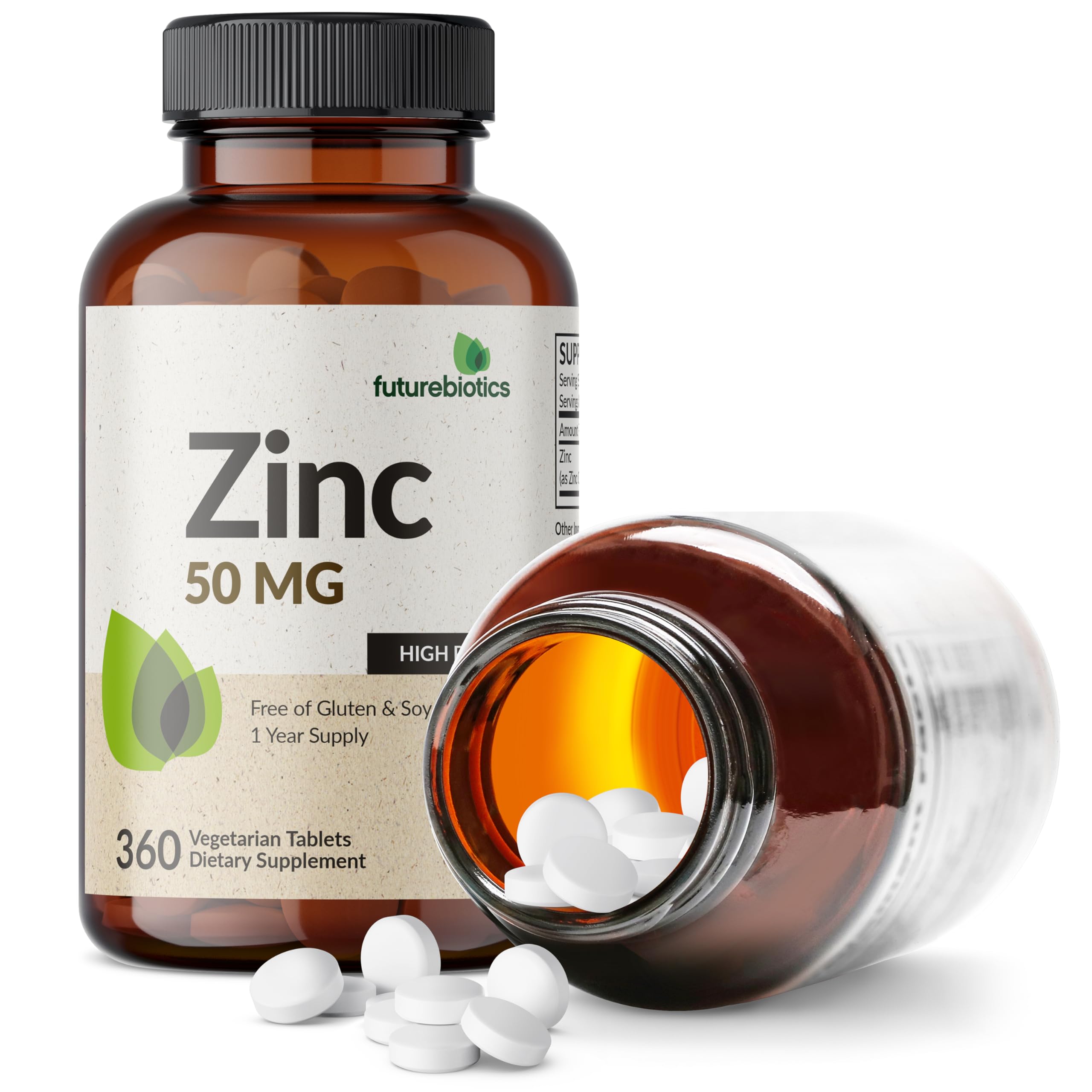 Futurebiotics Zinc 50 mg, etiqueta detalle, garantía de pureza y calidad