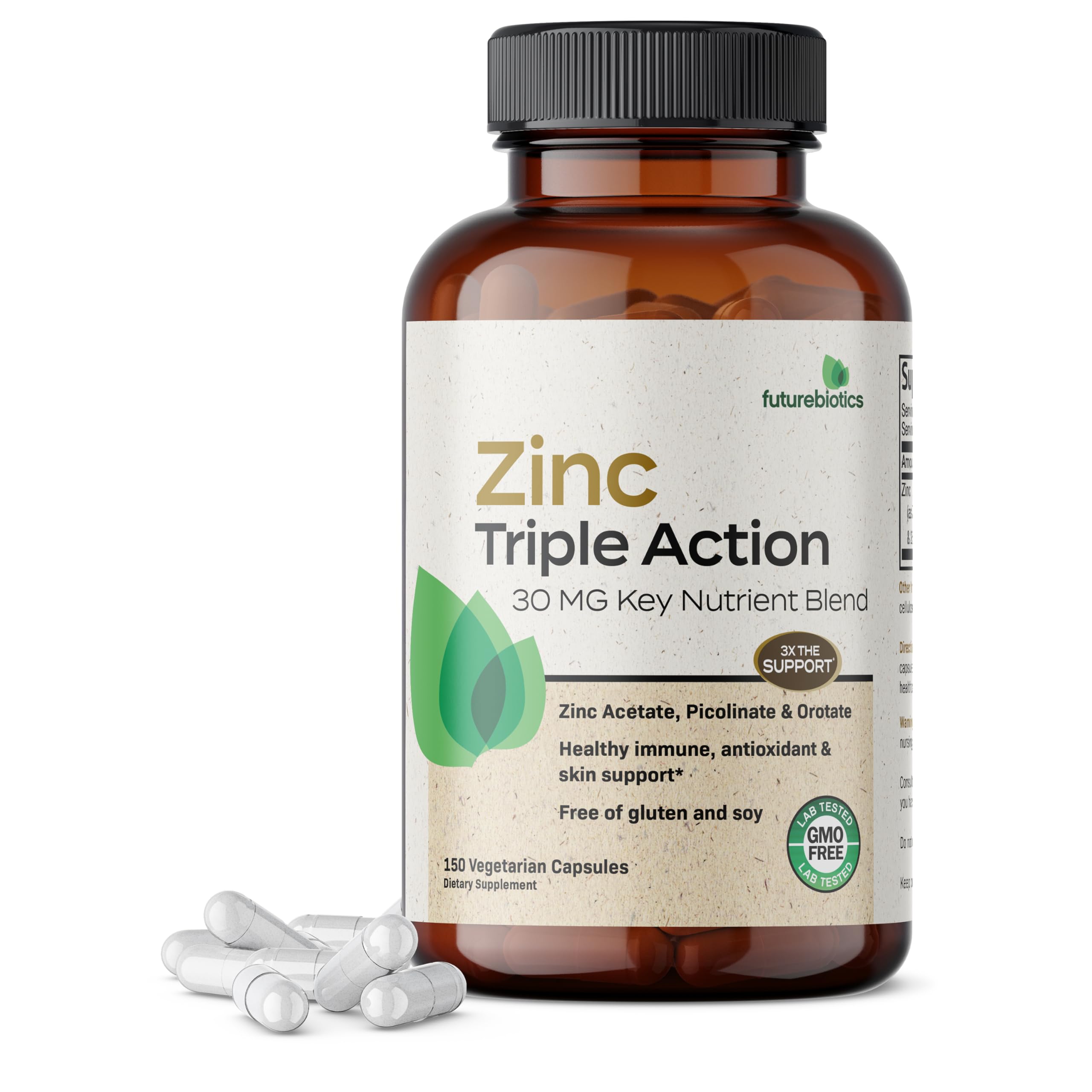 Futurebiotics Zinc Triple Action, botella frontal, posibles beneficios para la salud inmune.